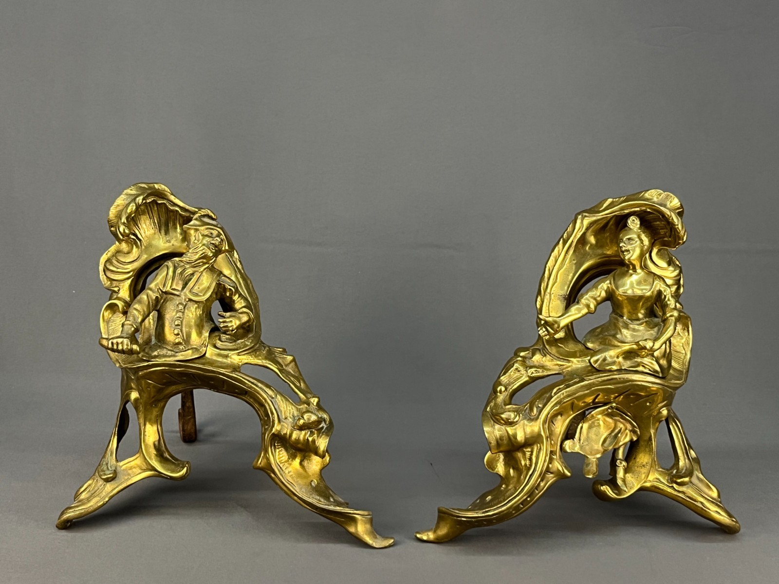 2  ~ 19th C. French Rococo Louis XV Figural Gilt Bronze Andiron Chenets