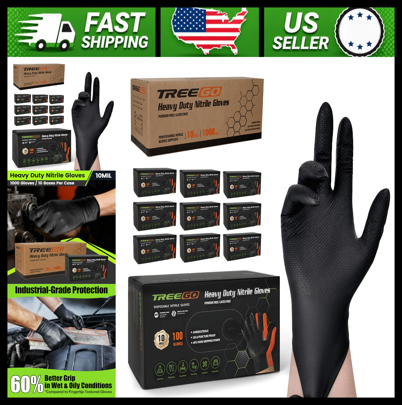 TREEGO Diamond Grip Nitrile Work Gloves, Black, Large, 1000 Count