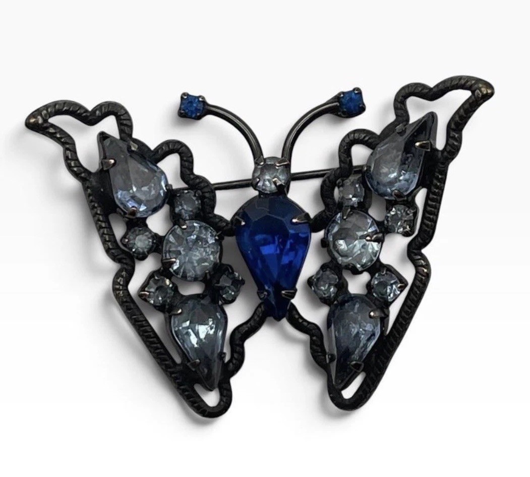 Vintage WARNER Japanned Blue Rhinestone Butterfly Brooch Signed MCM