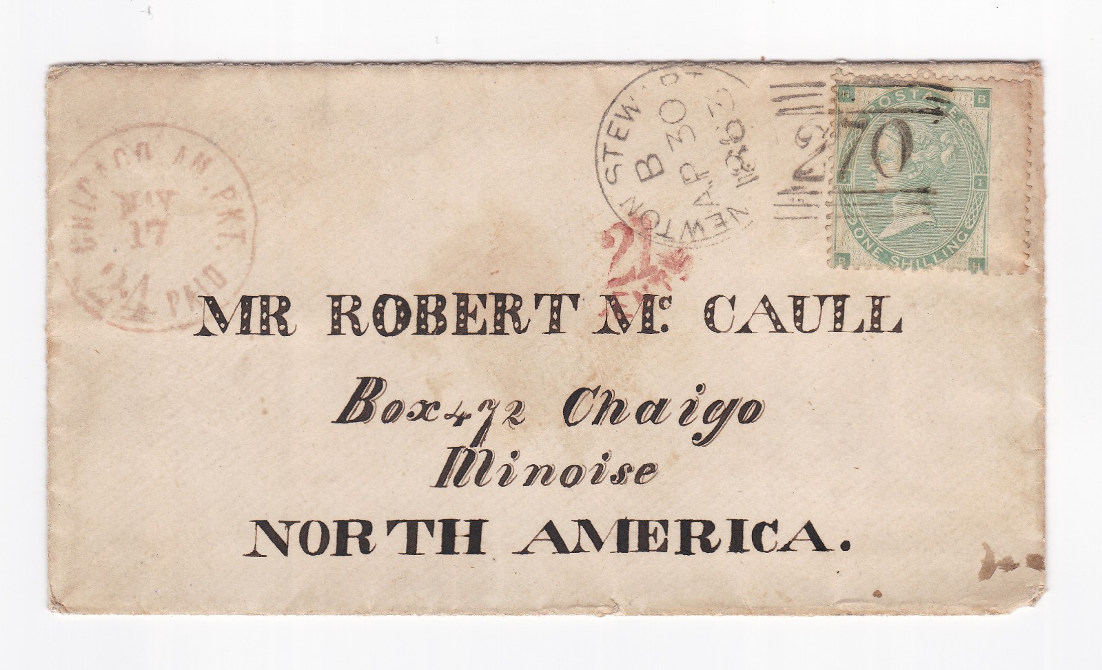 1863 QV 1/- GREEN STAMP PLATE1 ON COVER TO USA CHICAGO AMPKT ALLAN LINE BOHEMIAN 1863 QV 1/- GREEN STAMP PLATE1 ON COVER TO USA CHICAGO AMPKT ALLAN LINE BOHEMIAN