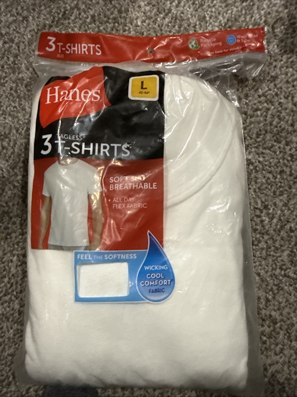 Hanes Tagless 3-Pack Men’s White Crew Neck T-Shirts Size L 42-44 100% Cotton