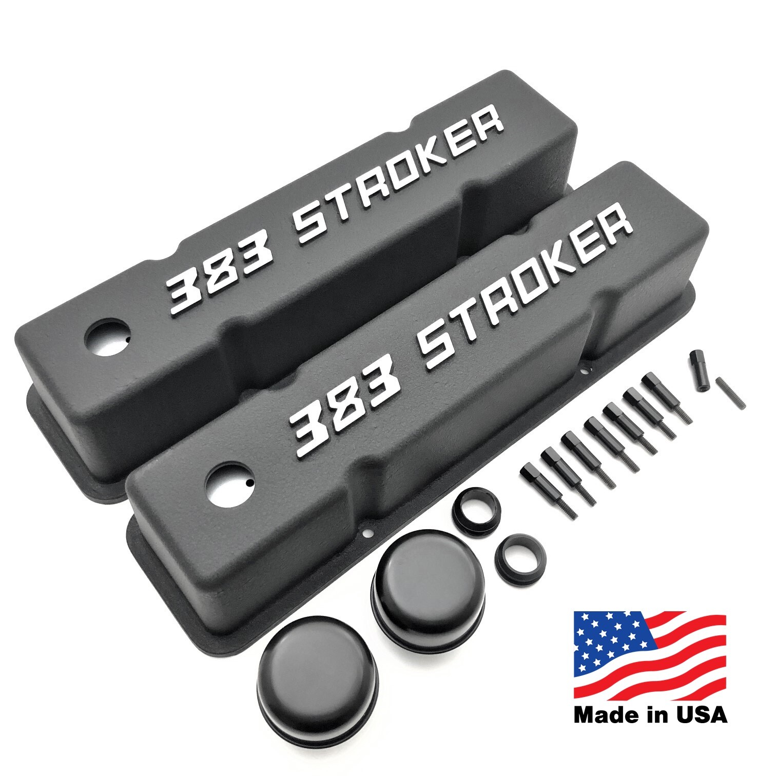 SB Chevy Valve Covers 383 Stroker Logo 58-86 SBC 283 305 327 350 383 400 V8 BLK SB Chevy Valve Covers 383 Stroker Logo 58-86 SBC 283 305 327 350 383 400 V8 BLK