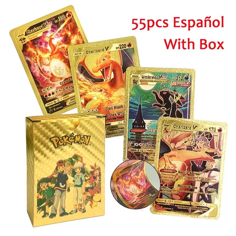 55PCS Pokemon Card Foil GOLD PACK 55 CARDS TCG GX Vmax GX Card Charizard Rare