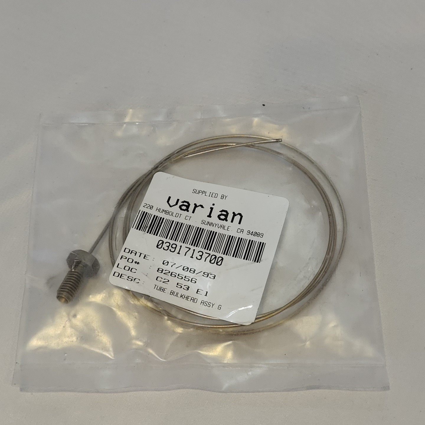 VARIAN 0391713700 TUBE, BULKHEAD, ASSY, G VARIAN 0391713700 TUBE, BULKHEAD, ASSY, G