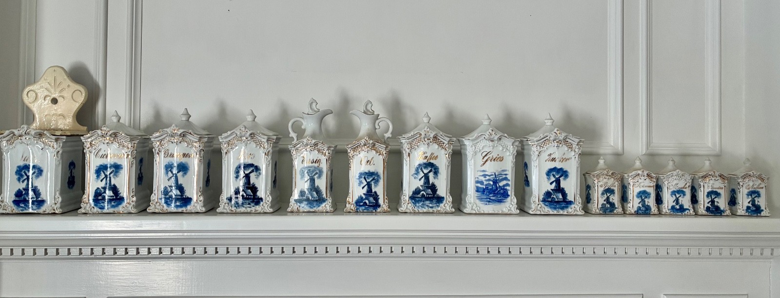 Antique German canister set ~ RARE 14 pc ~ handpainted delft design ~ 1890’s