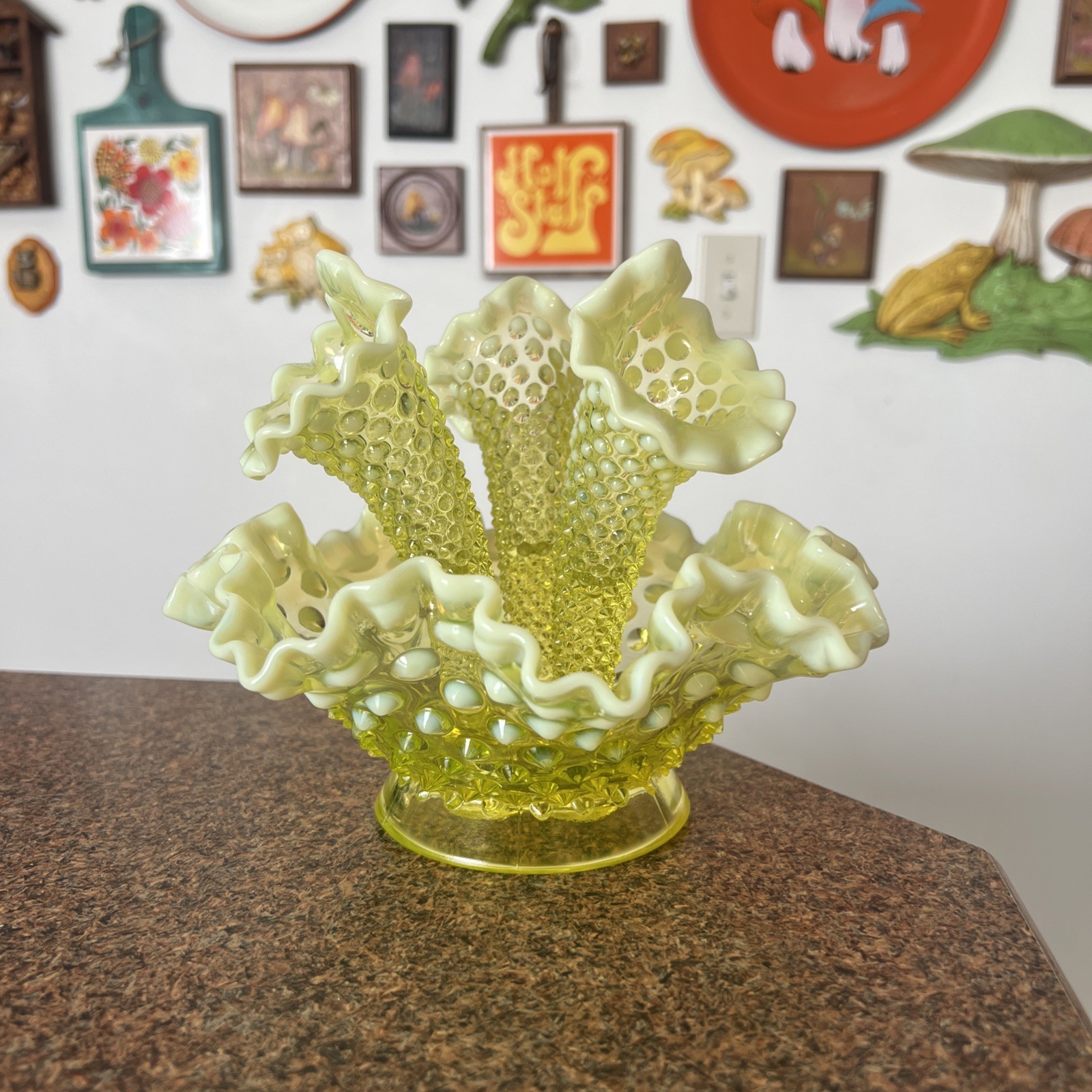 Fenton Uranium Topaz Opalescent Hobnail 3 Horn Epergne Fenton Uranium Topaz Opalescent Hobnail 3 Horn Epergne