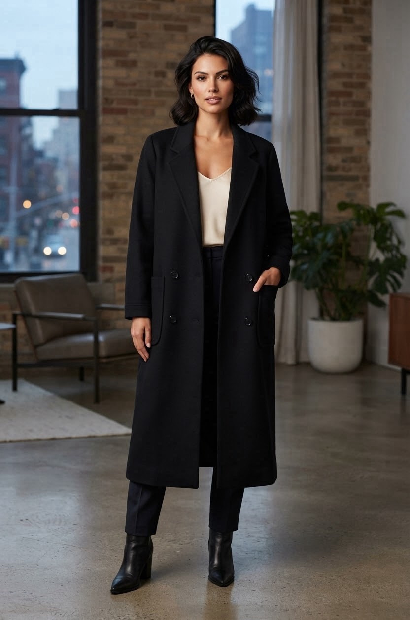 Vintage Jill Jr Women’s M Long Black Wool Double Breasted Overcoat Coat USA Made