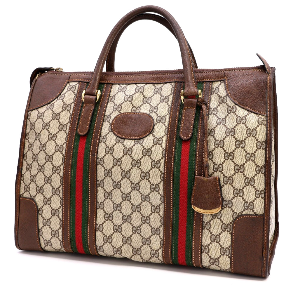 GUCCI VINTAGE Web Stripe Handbag Boston Purse GG Supreme Brown Rare Authentic
