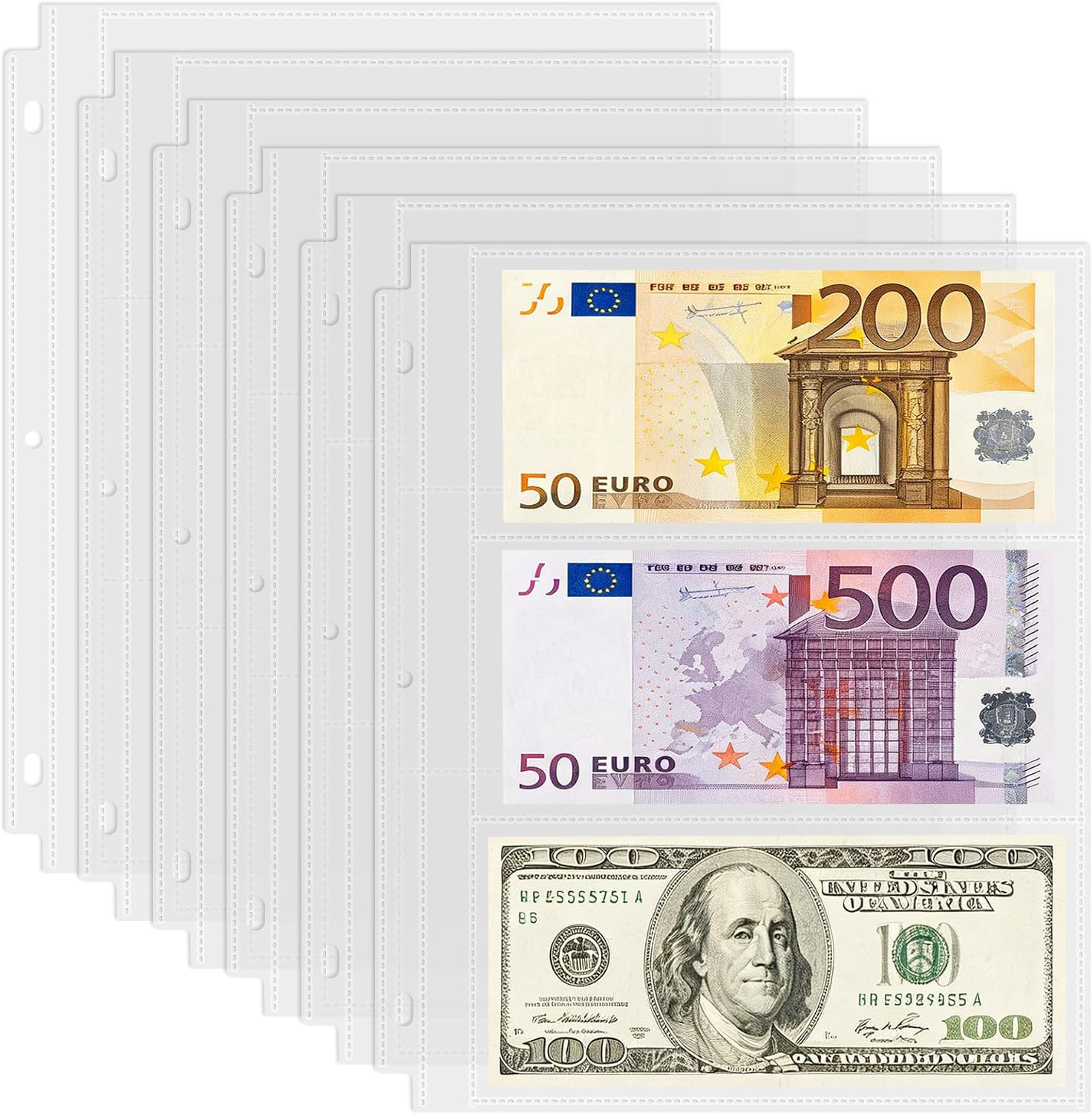 50 Pack （7.6X3.6Inch ） 3 Pockets Currency Sleeves for 3 Ring Binder | Currency