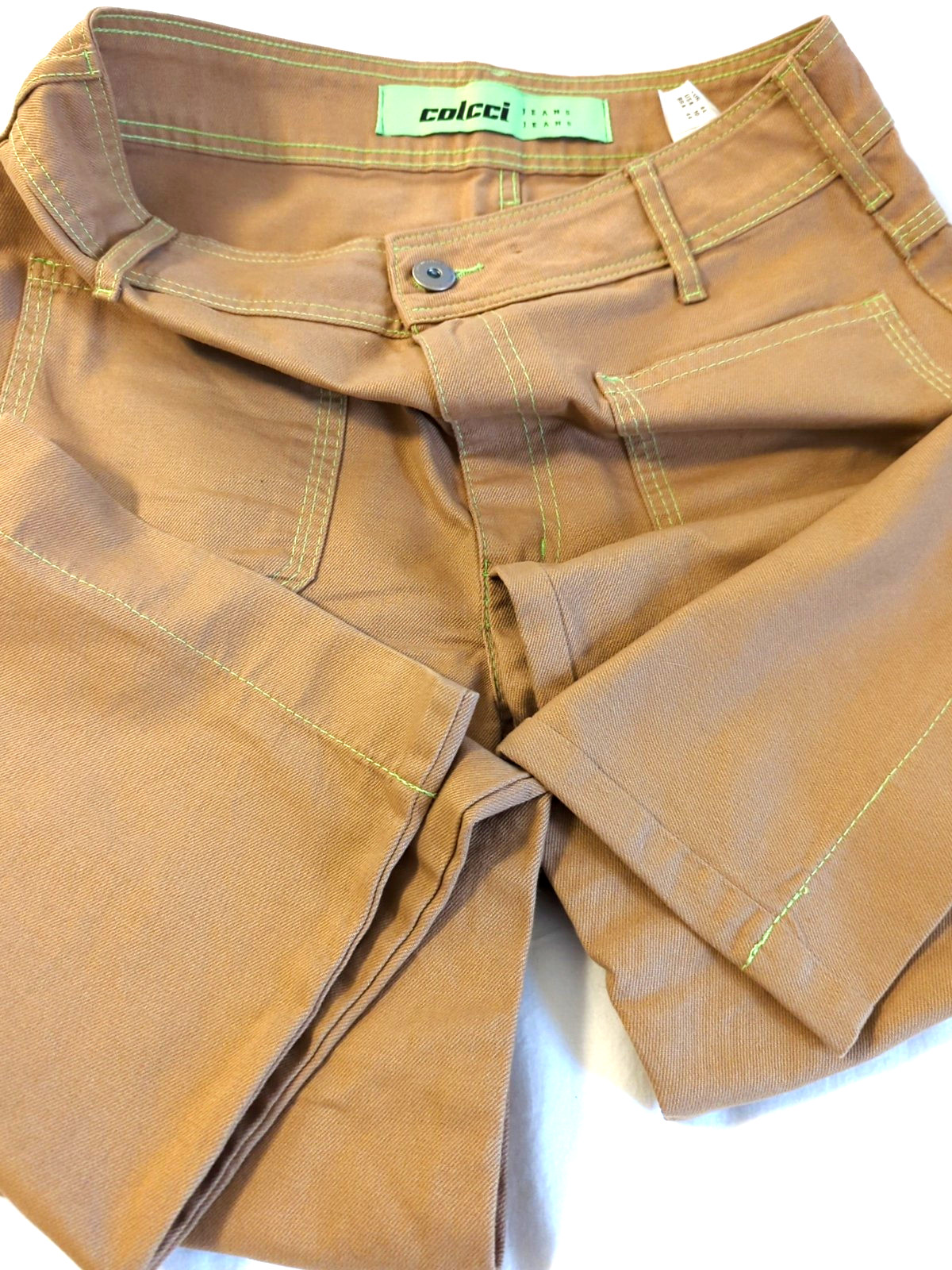 New COLCCI Jeans Women 32/33 Brazil Tan Lime Green Stitching Straight Leg Edgy