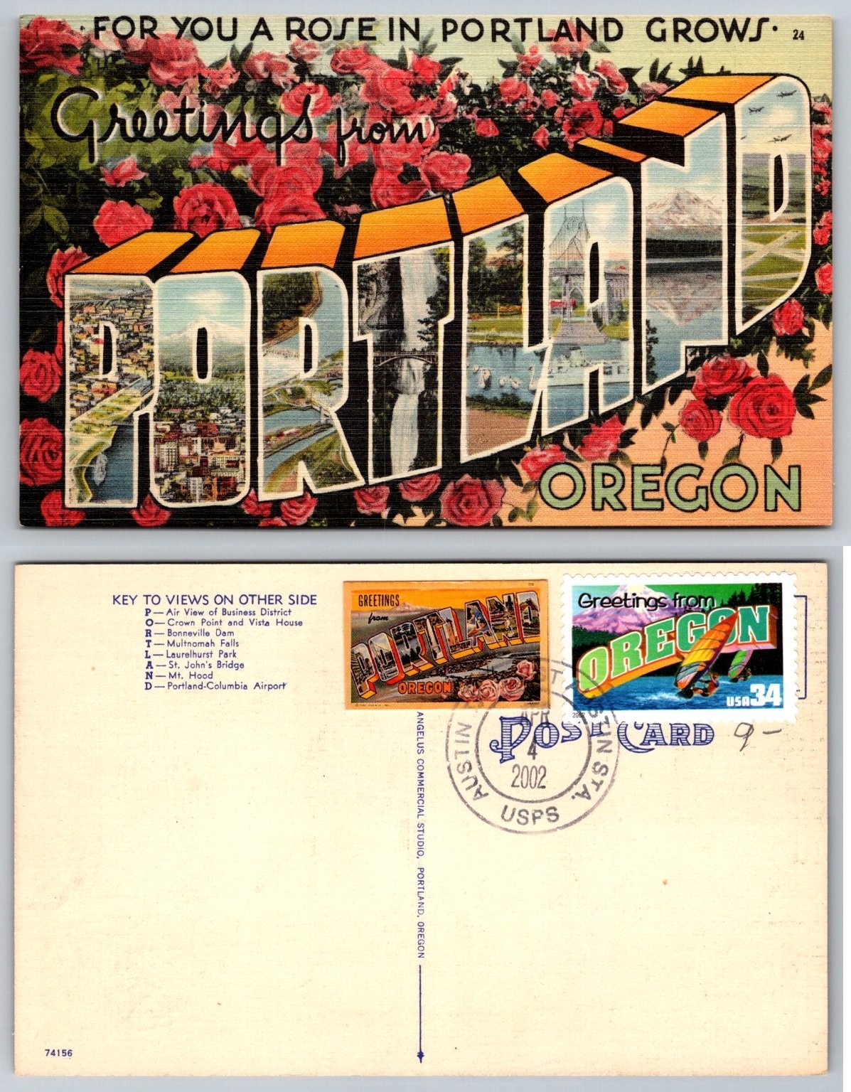Greetings from Portland Oregon Linen Postcard - Mt Hood, Multnomah Falls