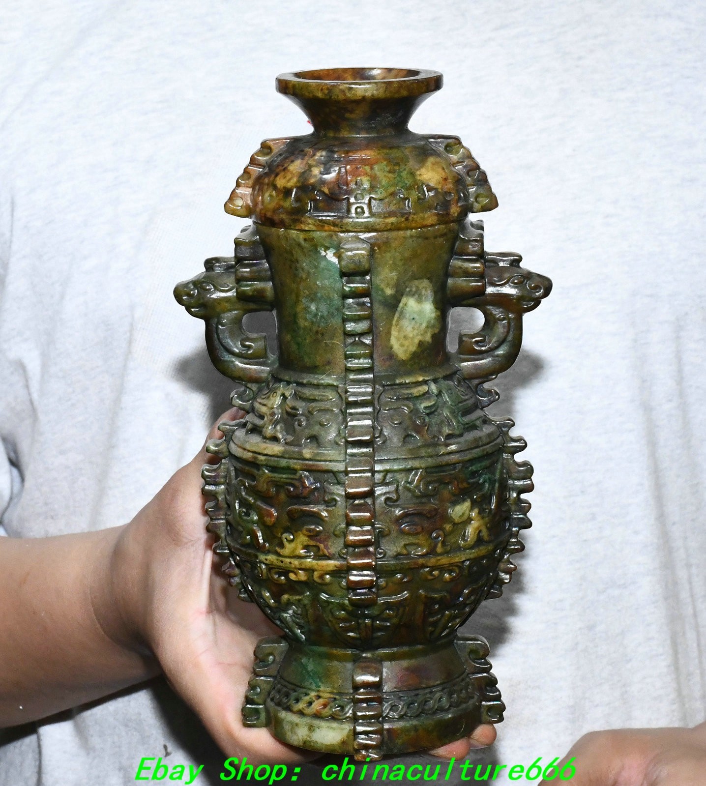 10.2''Old Chinese Dynasty Jade Carved Dragon Beast Ear Lid Bottle Vase Statue