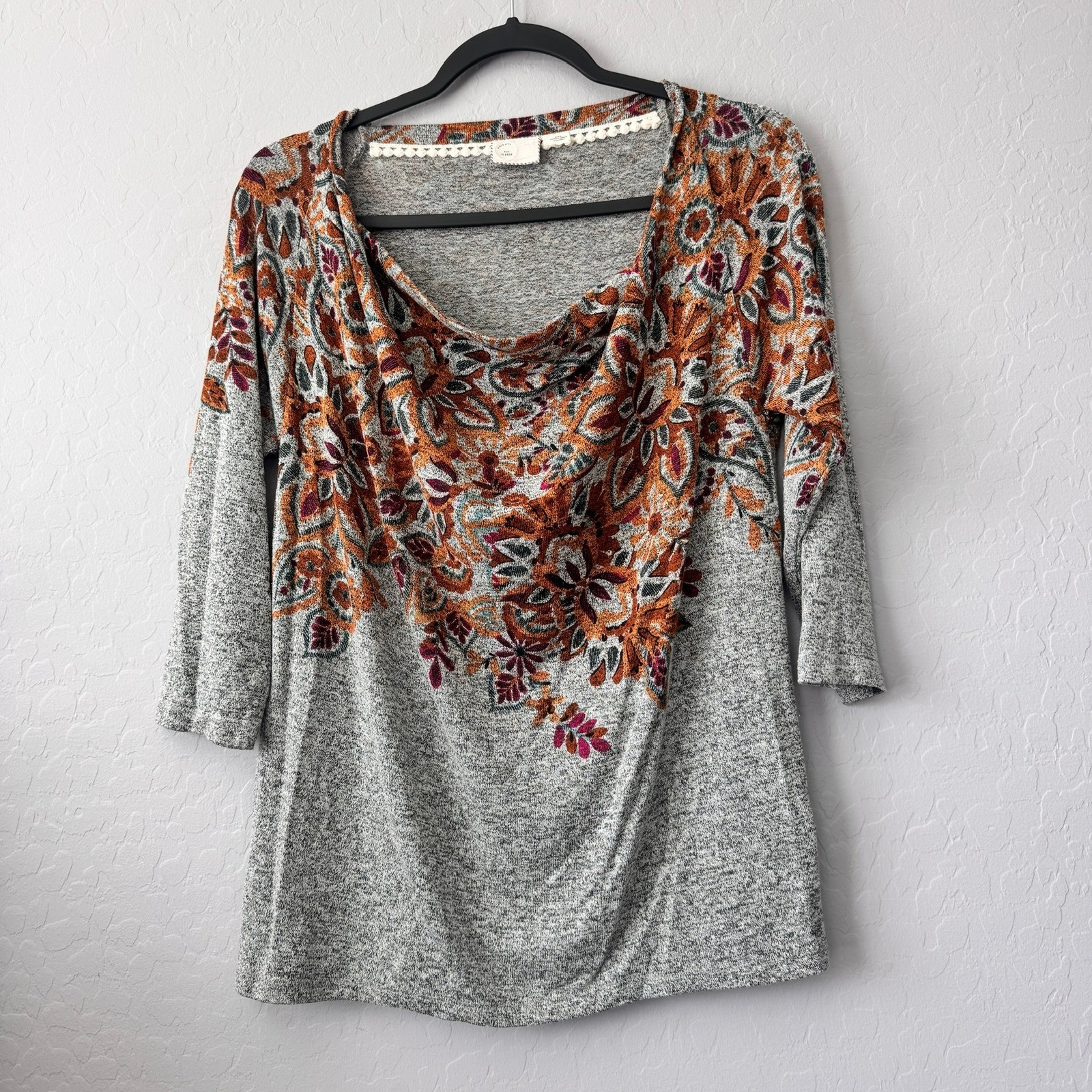 Postmark Anthropologie XL Cowl Neck Top Gray 3/4 Sleeve Floral Paisley Boho