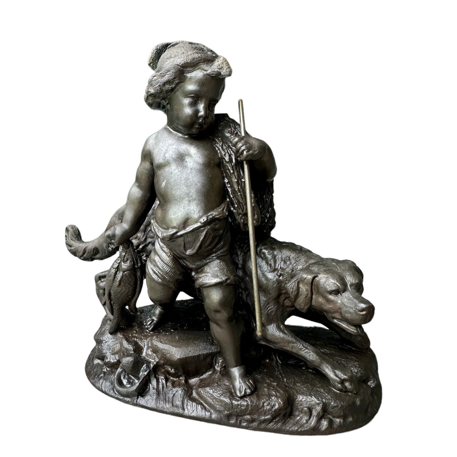 VTG French Style Cast Bronze Sculpture 6.75 Inch Boy Fish Spear Cast Net Dog VTG French Style Cast Bronze Sculpture 6.75 Inch Boy Fish Spear Cast Net Dog