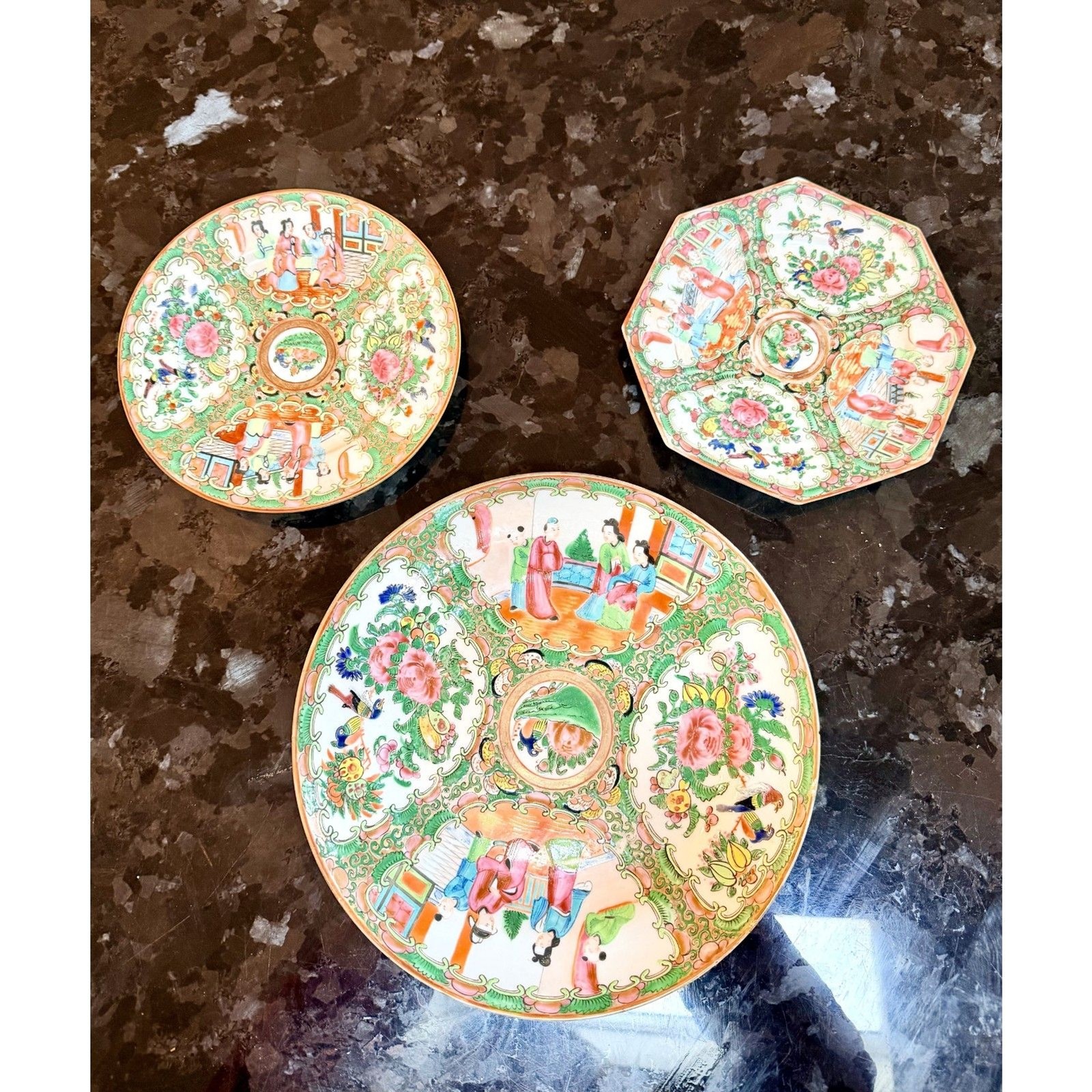 Antique 19th C. Chinese Export Rose Medallion Porcelain Plates – Set of 3 Antique 19th C. Chinese Export Rose Medallion Porcelain Plates – Set of 3