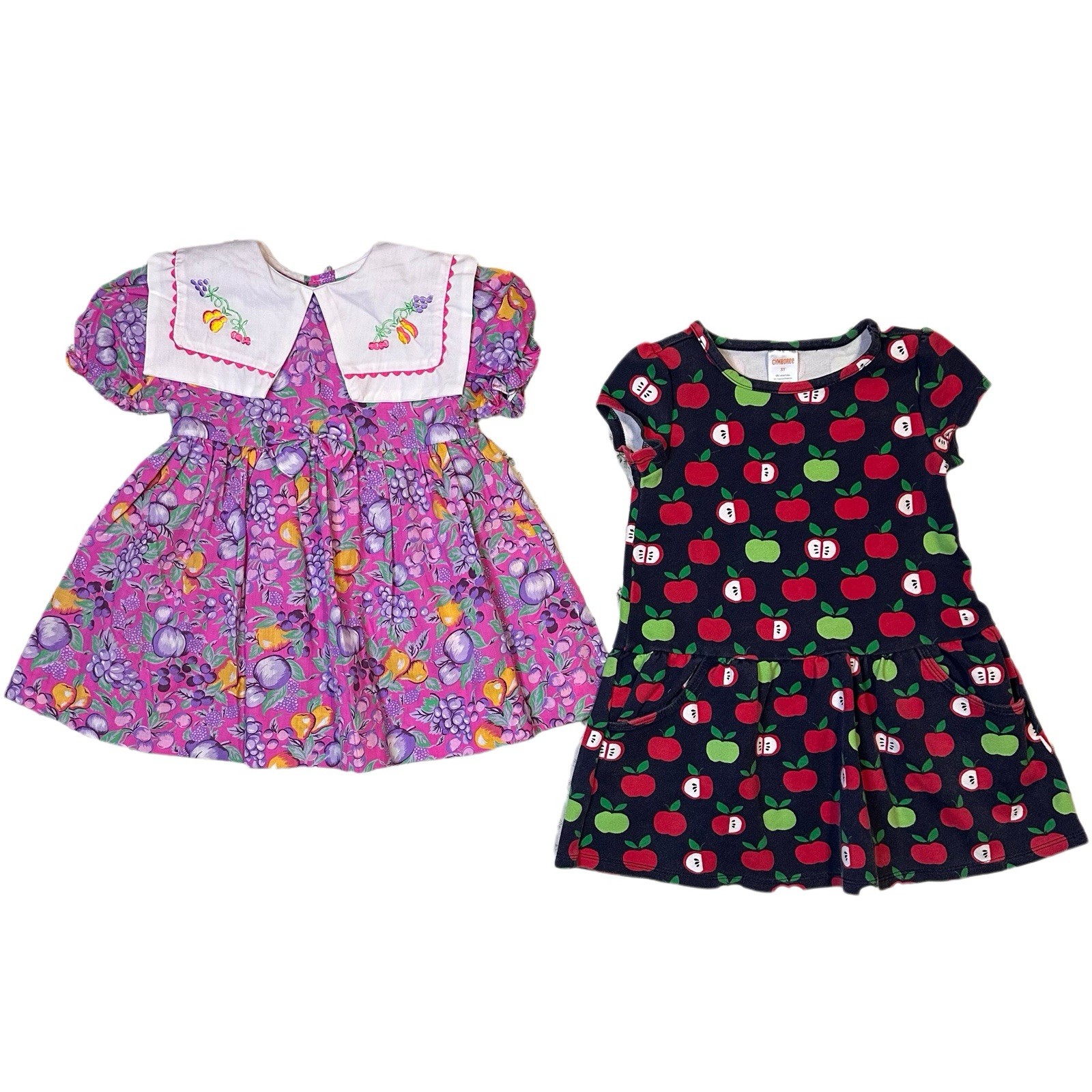 Vintage & Modern Fruit Dresses Lot Girls 3T Apple Embroidered Cotton Blend