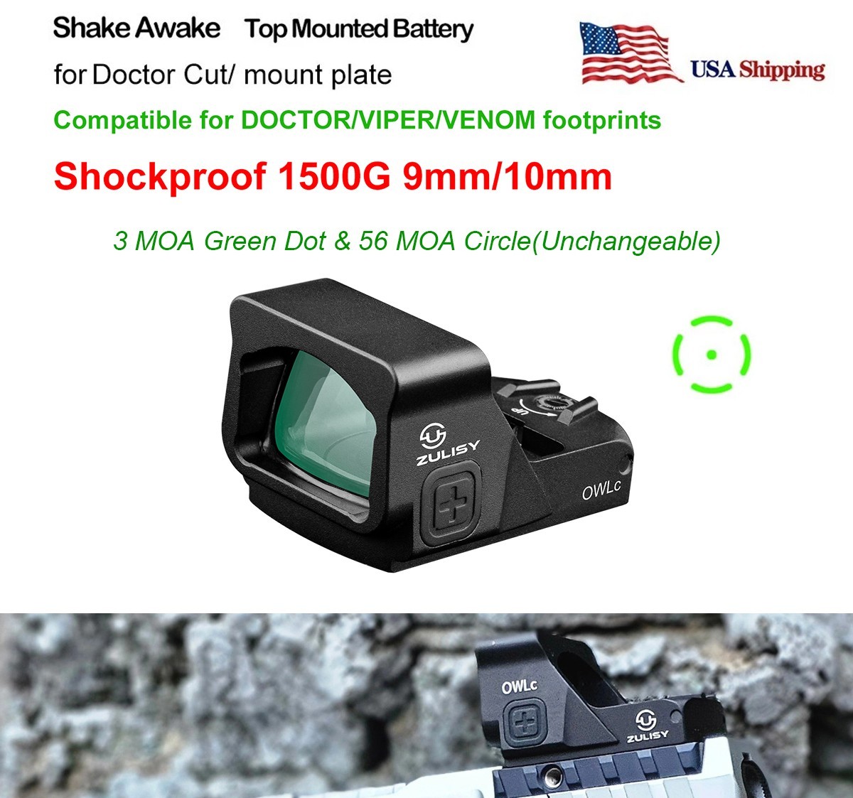 HQ EDC Green Dot Sight 3 MOA & 56 MOA Circle Reticle OWLc for Doctor/Venom Cut