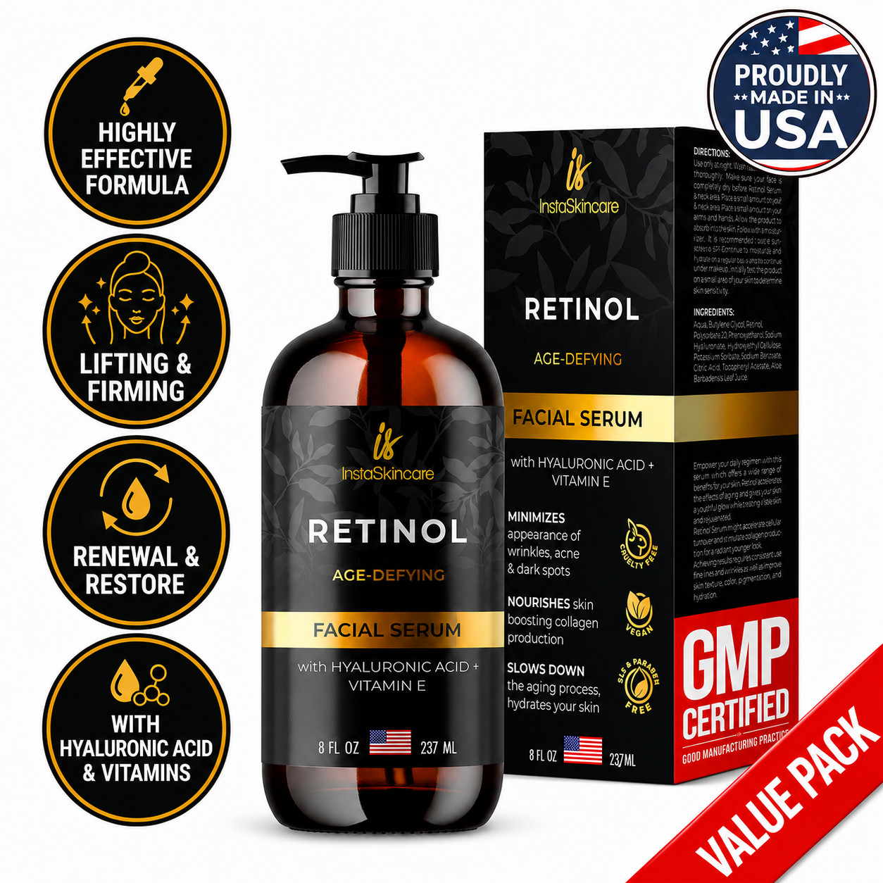 Retinol Face Serum for Skin Renewal and Hydration Vitamins & Hyaluronic Acid 8oz Retinol Face Serum for Skin Renewal and Hydration Vitamins & Hyaluronic Acid 8oz