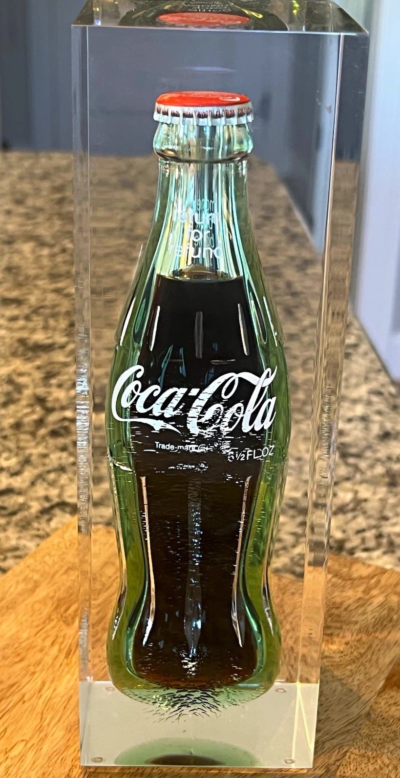Vintage Pop Art Coca-Cola Bottle Suspended in Clear Lucite Acrylic Block Paperwe