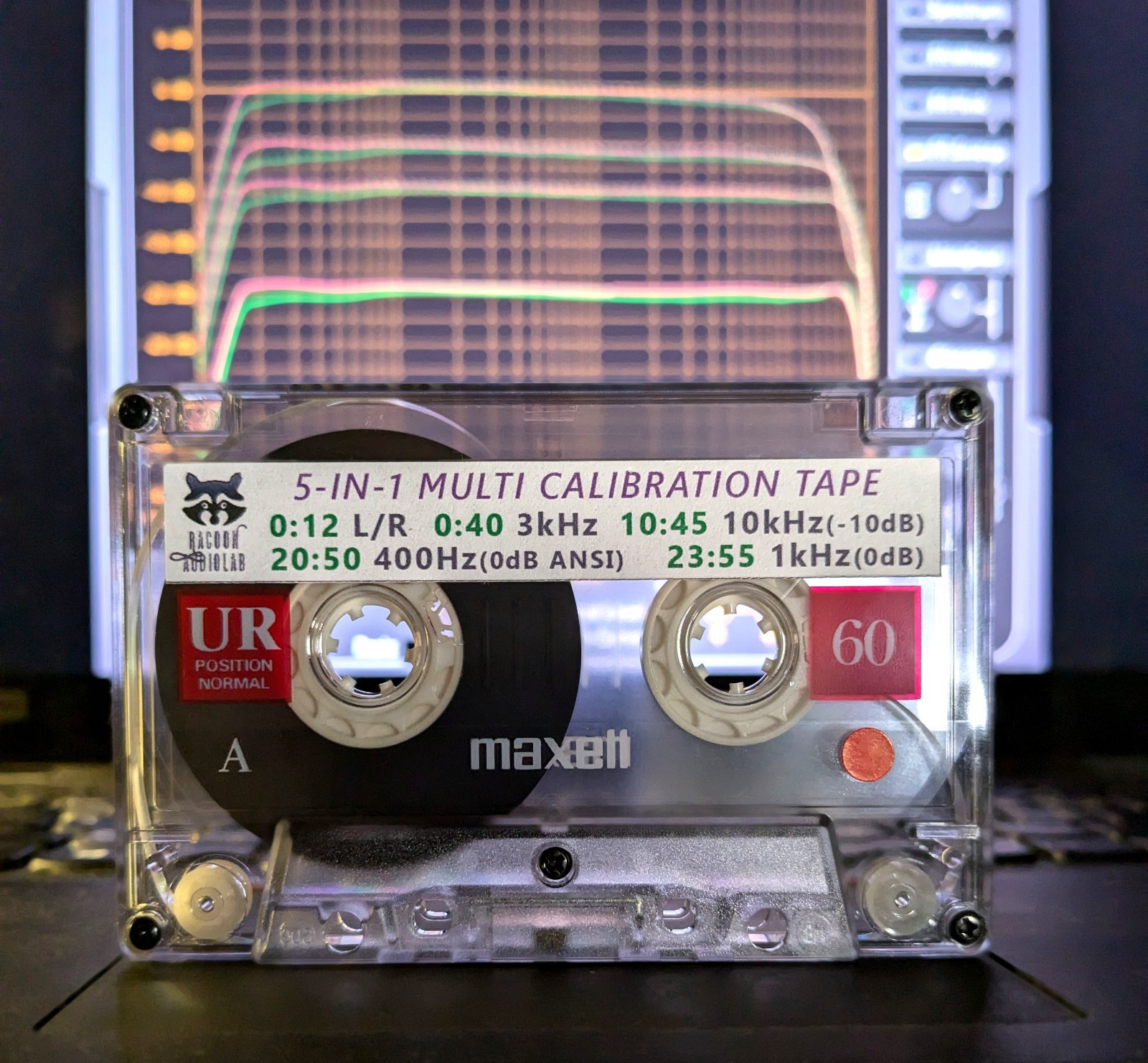 5-in-1 Test/Calibration cassette tape: L/R,level,speed,azimuth. TDK-Sony-Maxell+