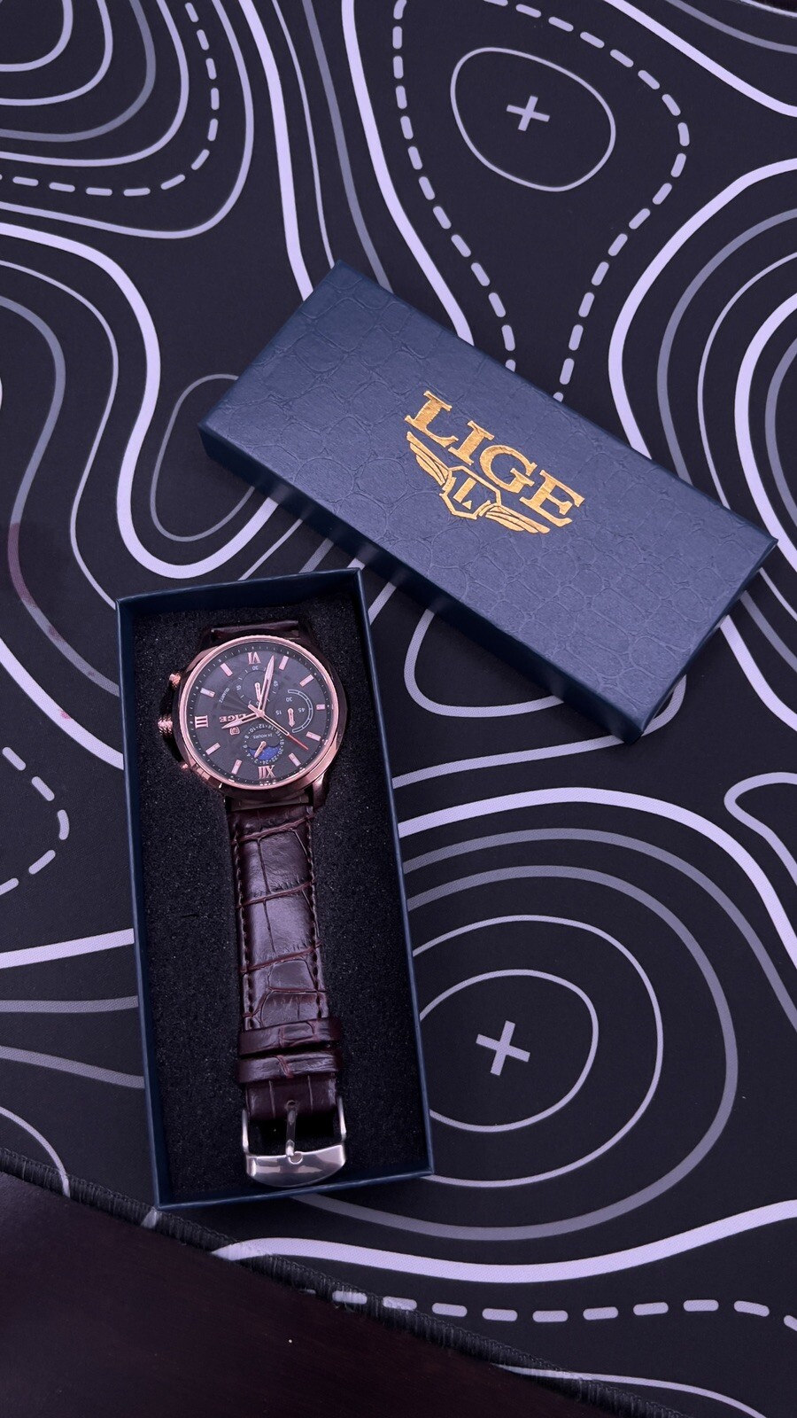 LIGE Watch Men’s Stylish Automatic Leather Watch Stainless Steal Black Dial