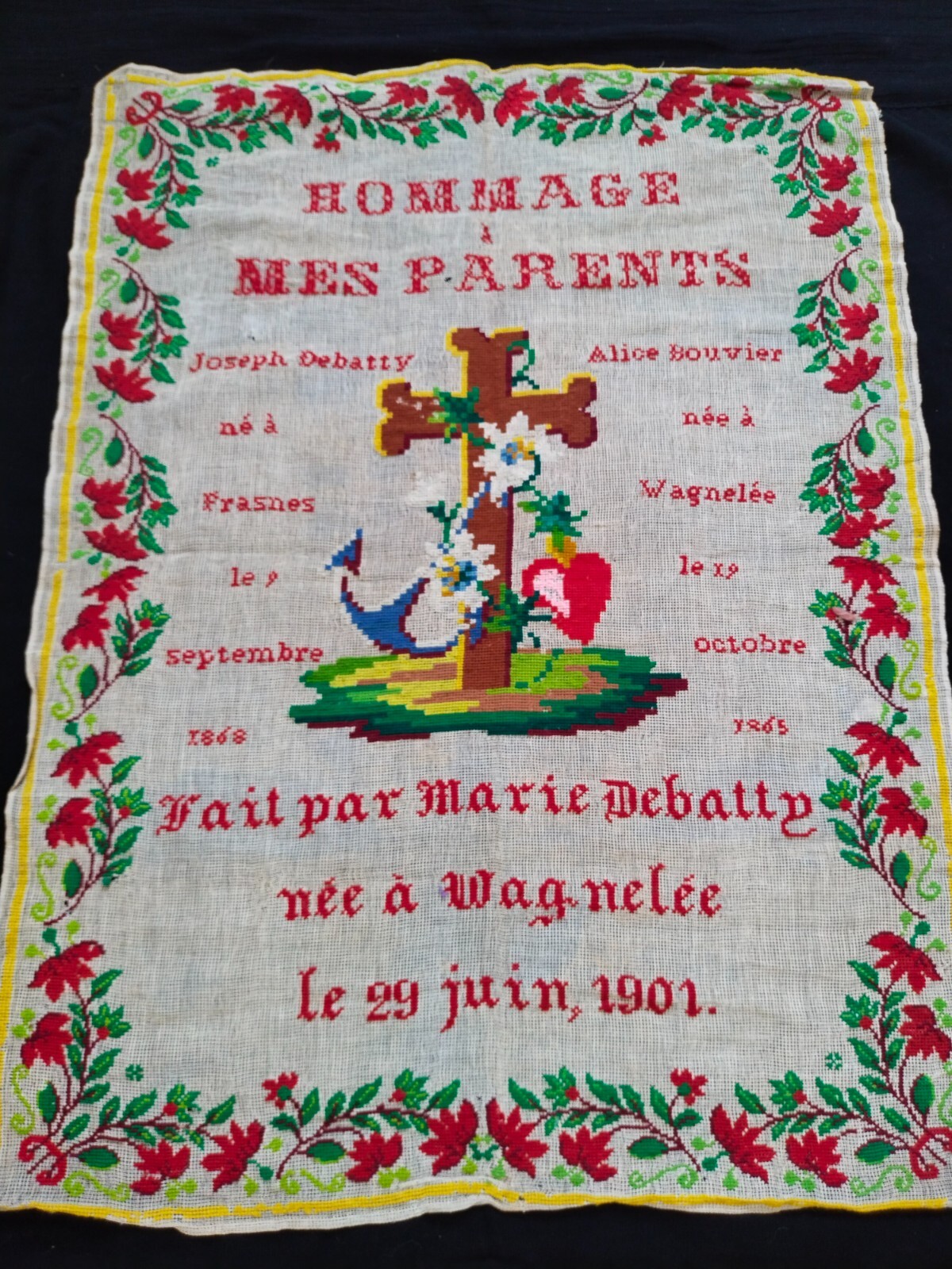 Antique 1901 French Sampler Hommage A Mes Parents Needlework Embroidery Cross