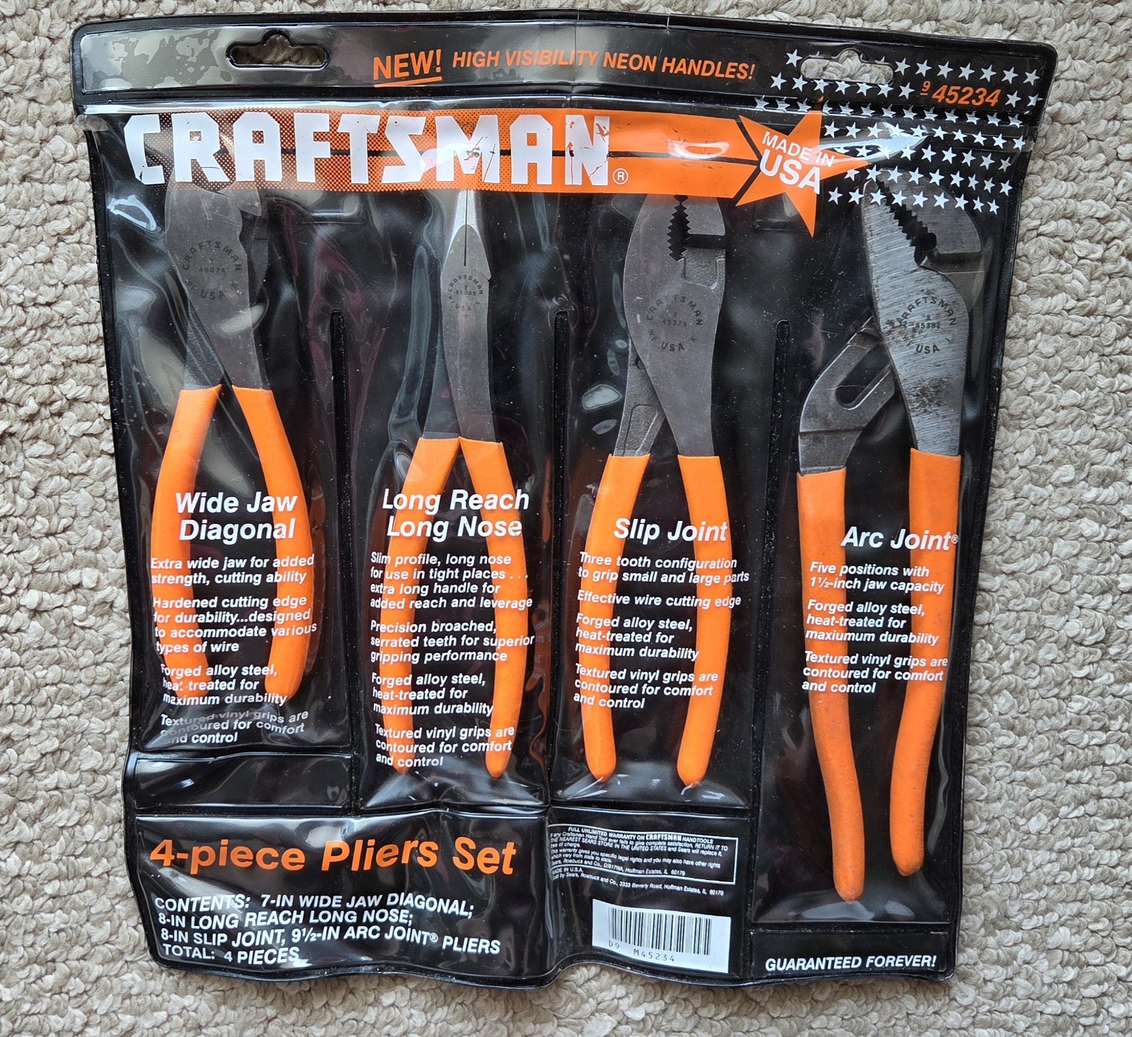 Vintg CRAFTSMAN 3 Pc Hi Vis Orange Hand Tool Set 45234 Pliers + 1 Used Arc Joint Vintg CRAFTSMAN 3 Pc Hi Vis Orange Hand Tool Set 45234 Pliers + 1 Used Arc Joint