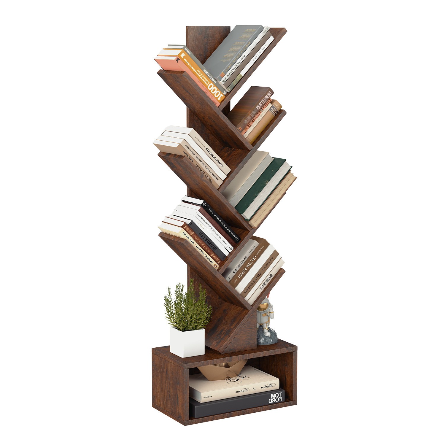 7 Tier Tree Bookshelf, Rustic Brown Floor Standing Bookcase with Storage Cabinet