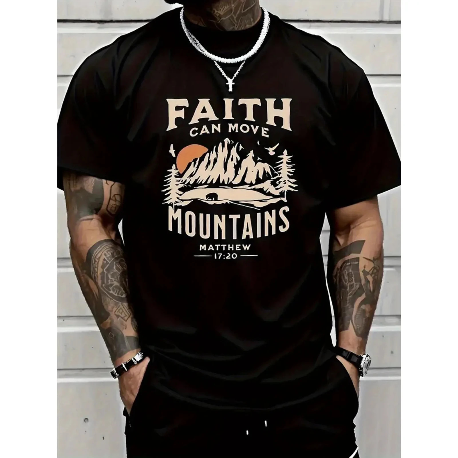 Faith Can Move Mountains Men\'S T-Shirt - Inspirational Biblical Print, Round Nec Faith Can Move Mountains Men\'S T-Shirt - Inspirational Biblical Print, Round Nec