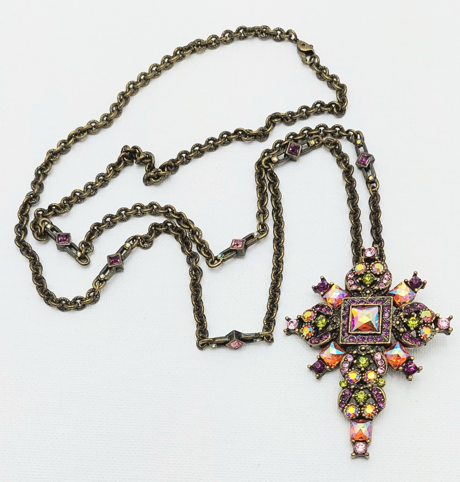 1990s Bronze Tone Sweet Romance Jeweled Legacy Cross Necklace Station Chain
