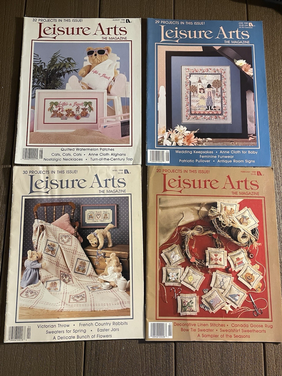 VTG Leisure Arts Cross Stitch Magazines Lot of 4 Issues 1988 1989 Bears Florals