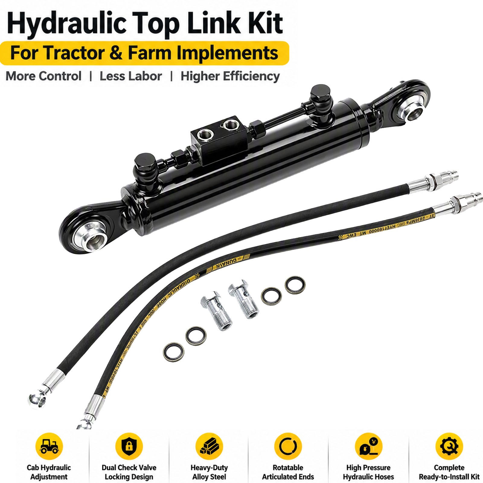 Hydraulic Top Link Cat.2-2 19 11/16”-28” Adjustable with 2x Hoses for Tractor