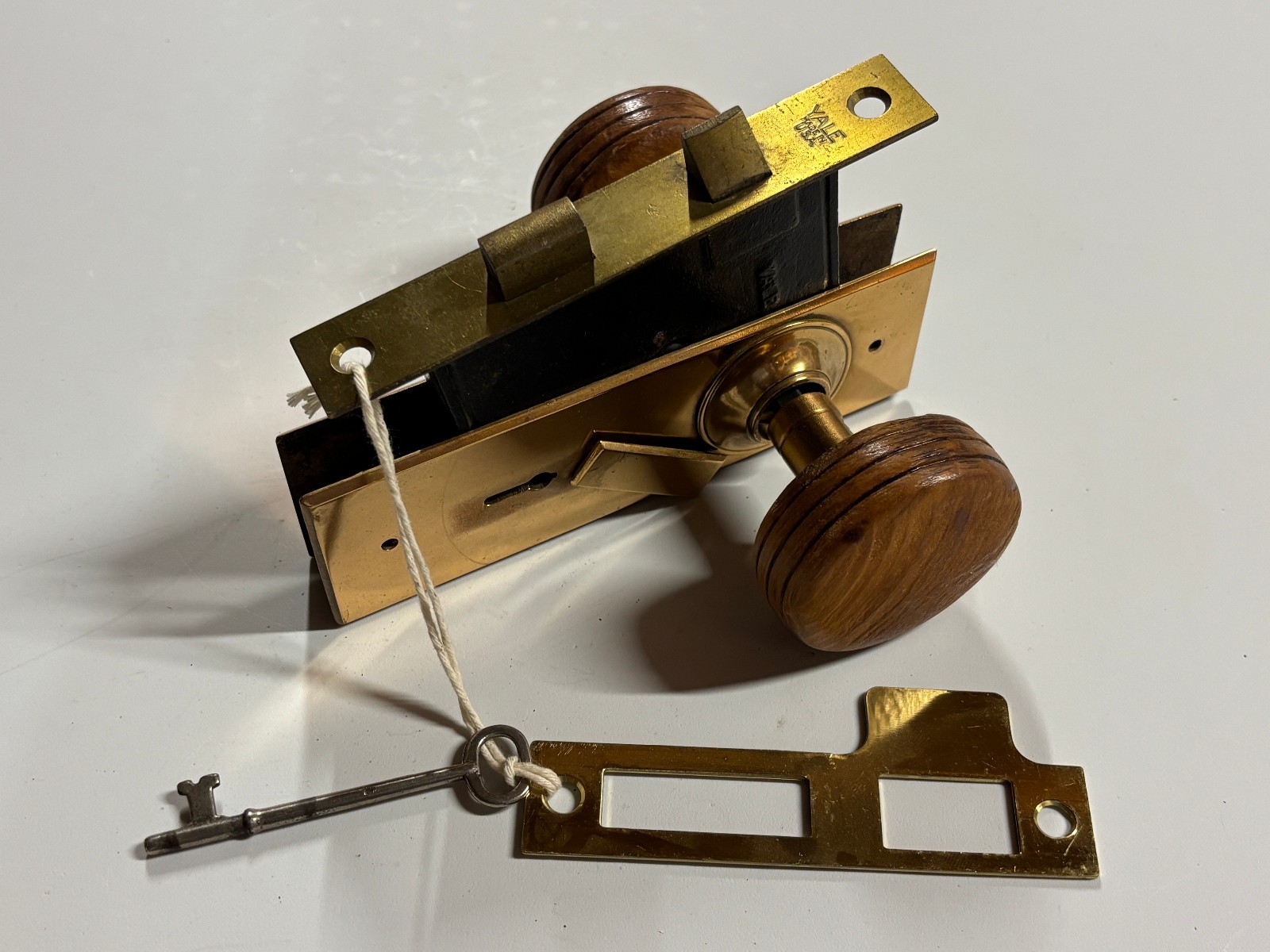 Antique Brass Yale Inset Mortise Door Lockset, 2 Plates, 1 Key, 2 Wooden Knobs