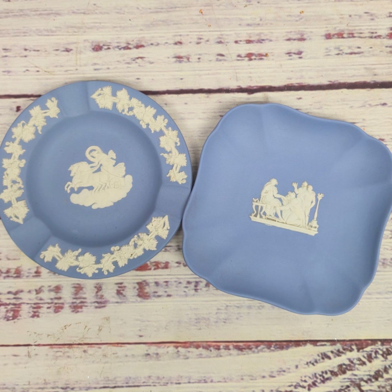 Vintage Wedgwood Blue Jasperware Set Pegasus Ashtray & Trinket Tray Pair England