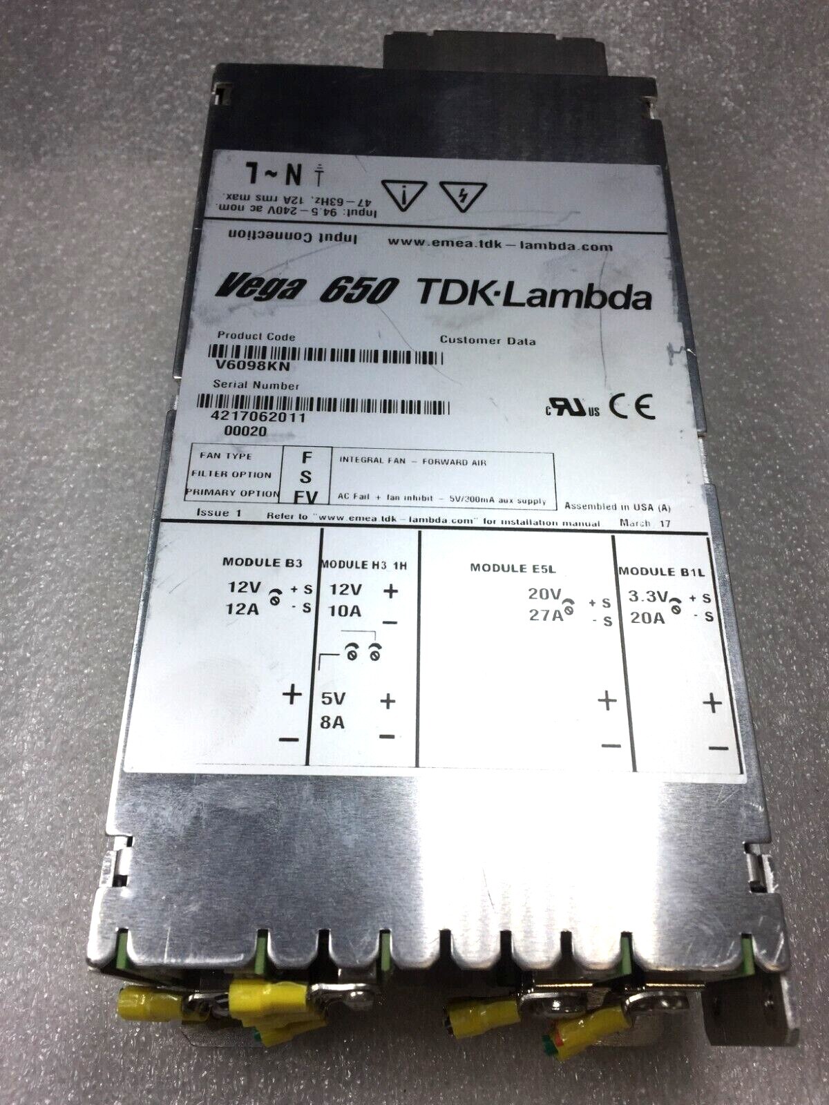 TDK-LAMBDA Vega 650 V6098KN  94.5-240V AC NOM 47-63Hz 12A 