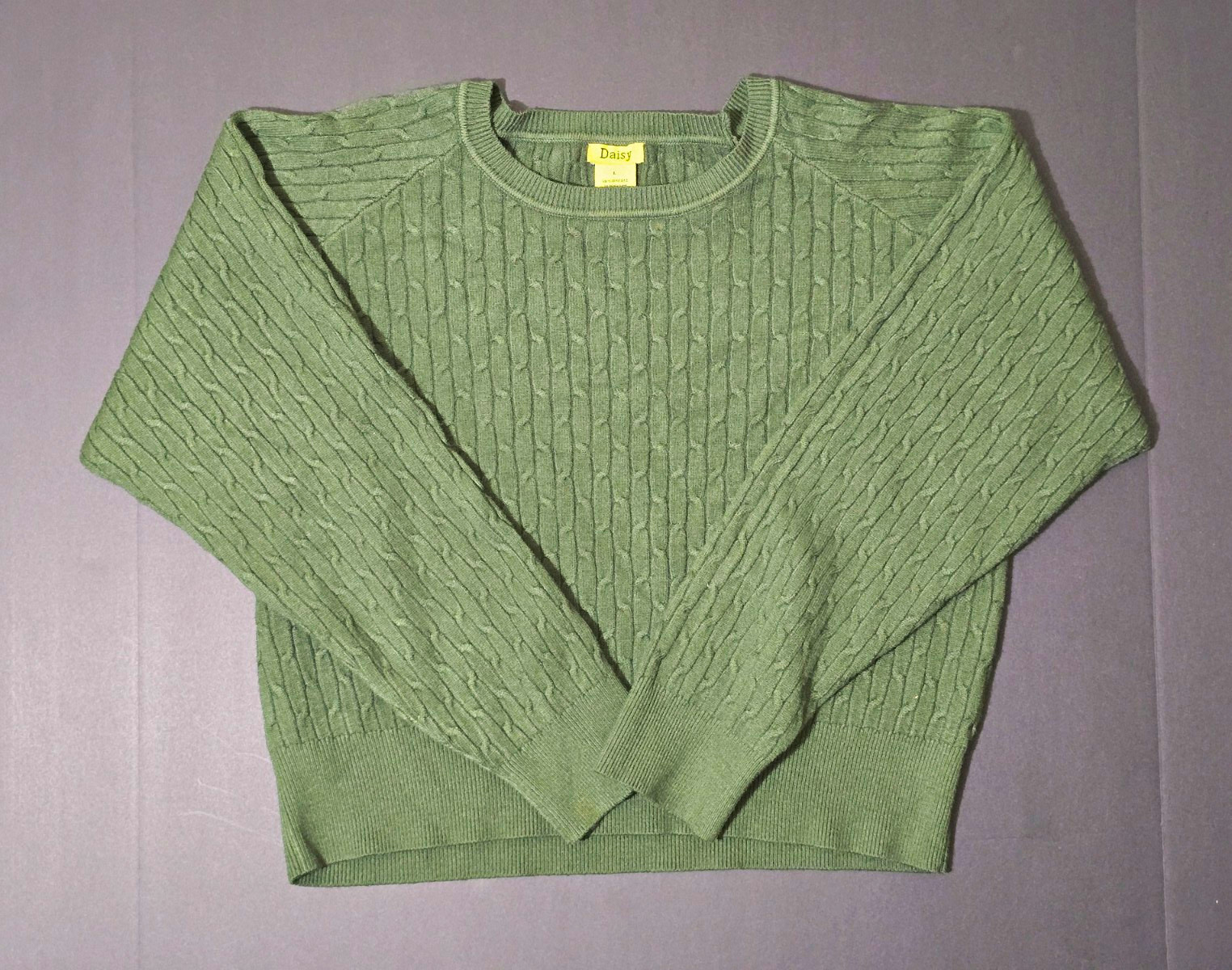 Daisy Womens Cable-Knit Crew Neck Pullover Sweater Raglan Long Sleeve Green L