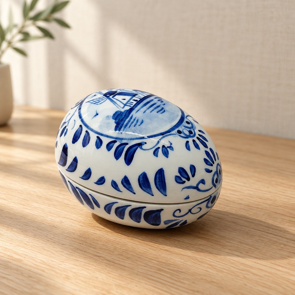 Vintage Hand Painted Delft Blue Holland Egg Shaped Trinket Box Dutch Windmill 