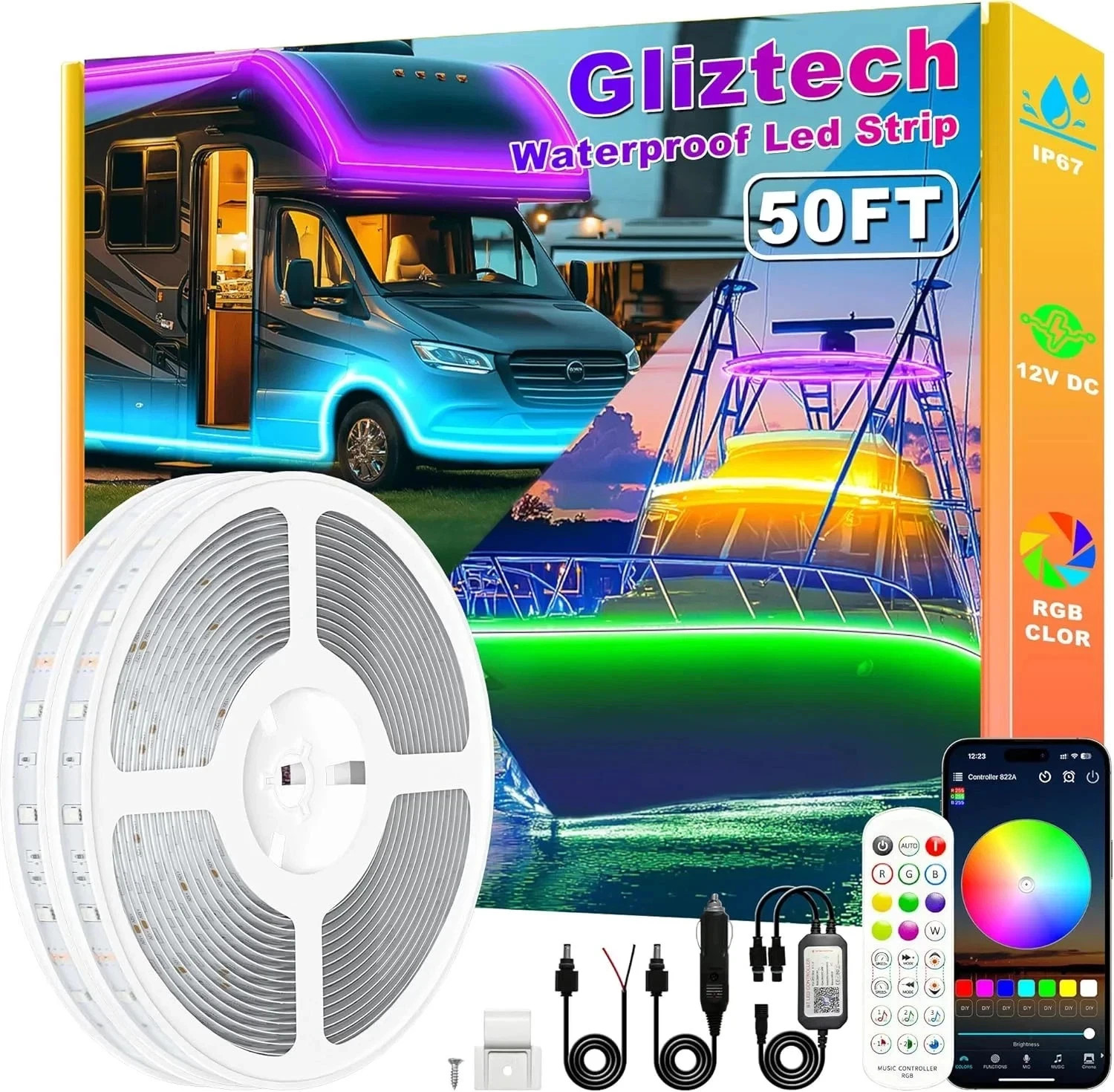 Gliztech 50FT Led Boat Lights, Marine Pontoon Led Lights with App, 12V RGB Water
