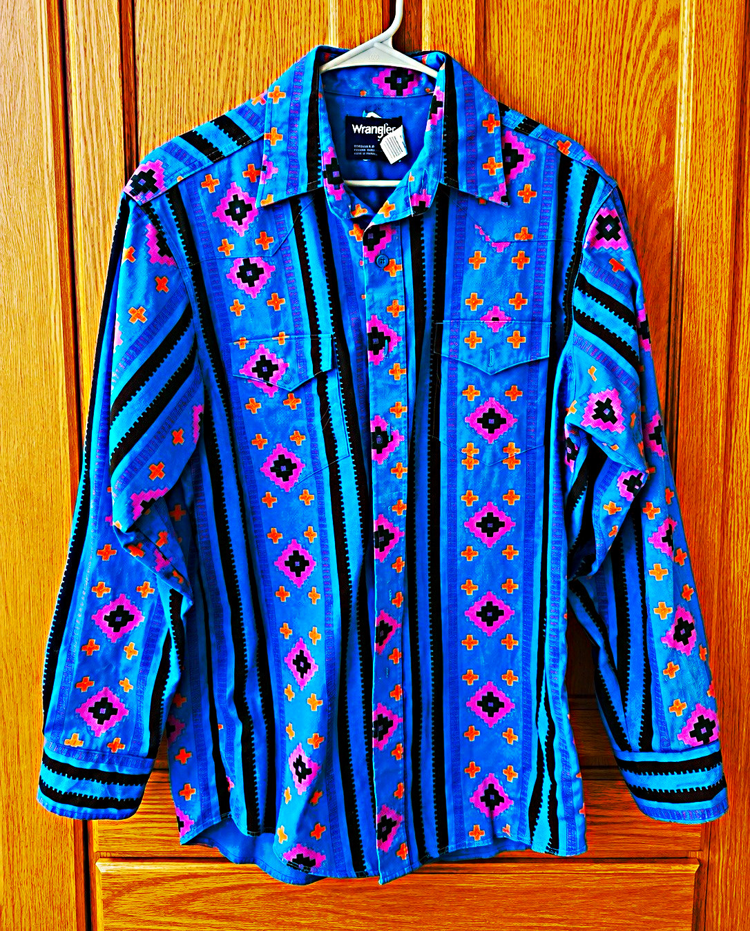 Vintage Wrangler Western Shirt 16x34 Southwest Aztec Turquoise Rodeo 90s
