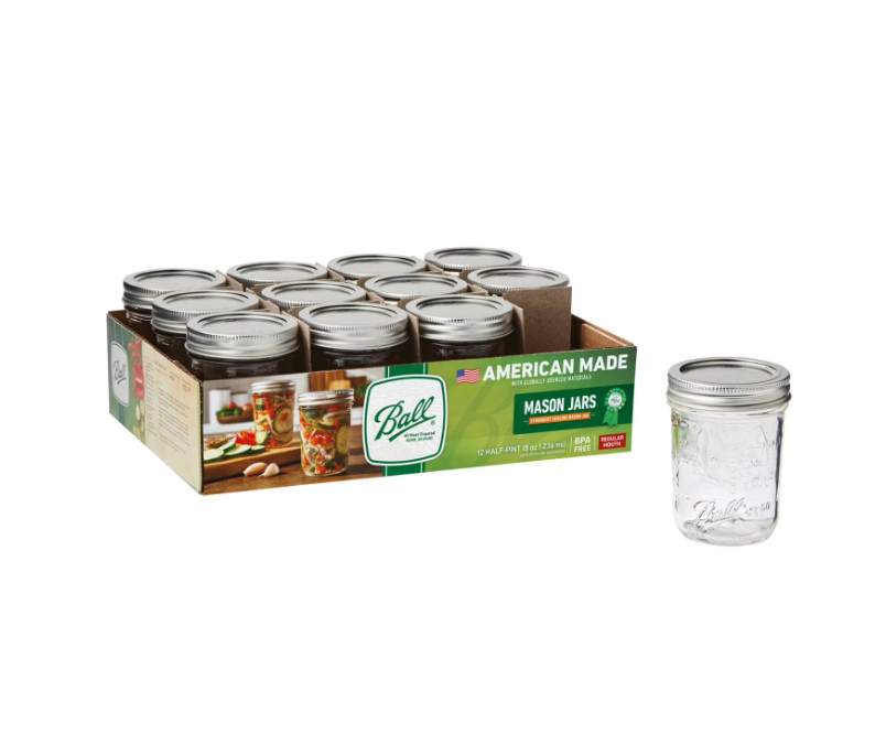 Ball 8 oz Regular Mouth Mason Jars w/ Lids & Rings 12-Pack Half Pint