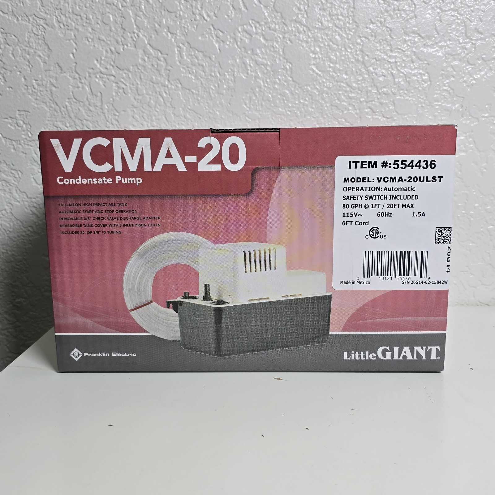 Little Giant VCMA-20ULST 1/30 HP 115-Volt Thermoplastic Condensate Removal Pump Little Giant VCMA-20ULST 1/30 HP 115-Volt Thermoplastic Condensate Removal Pump