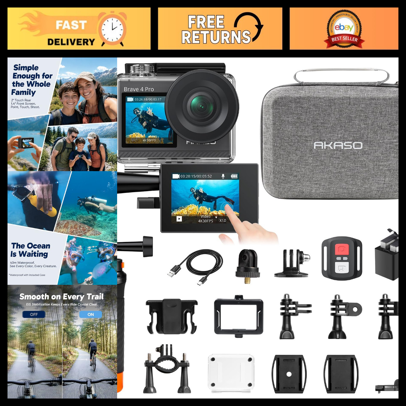 4K Action Camera Bundle with Floating Hand Grip & Carrying Bag - Waterproof, HD 4K Action Camera Bundle with Floating Hand Grip & Carrying Bag - Waterproof, HD
