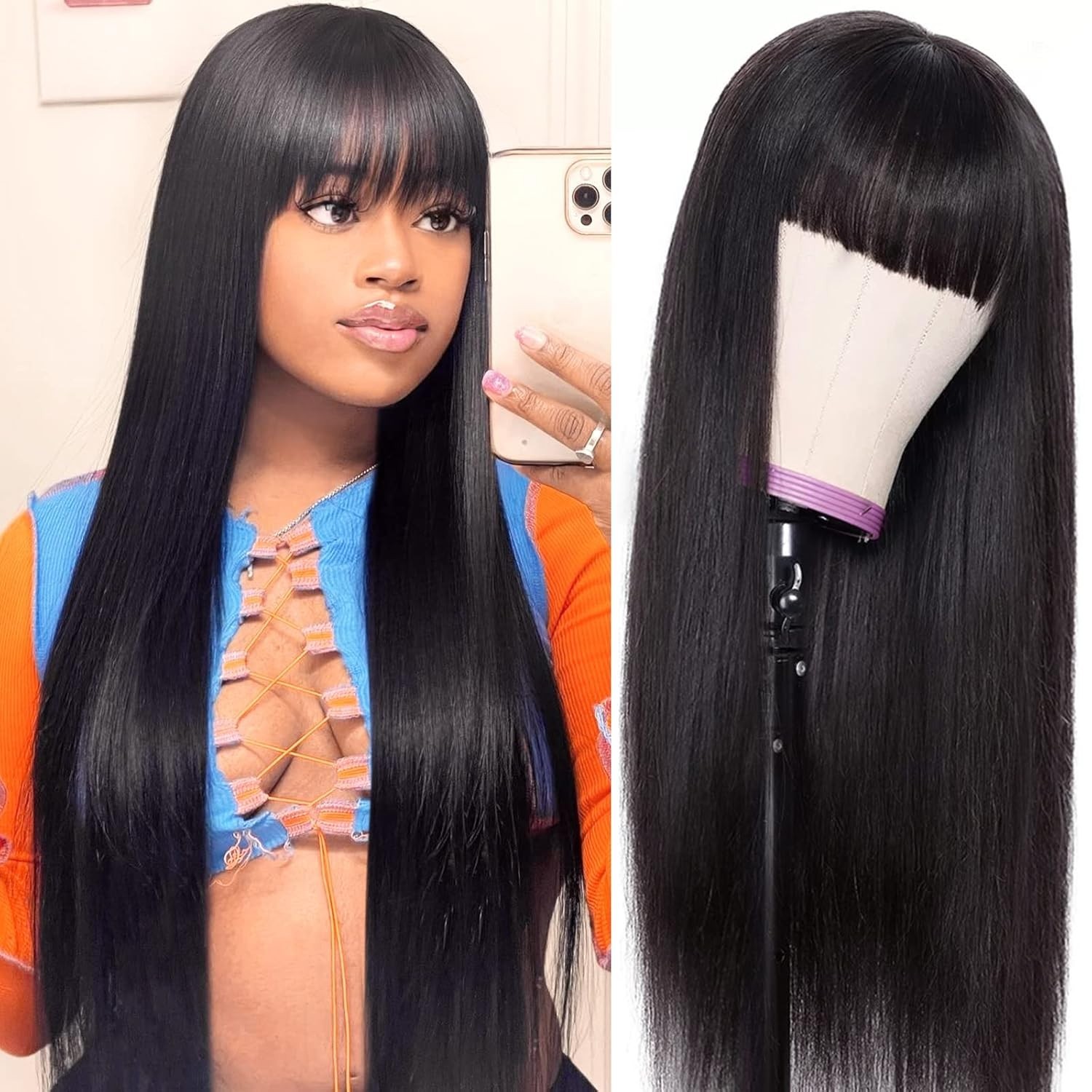 Straight Human Hair Wig with Bang for Black Women 150% No Lace wig natural black