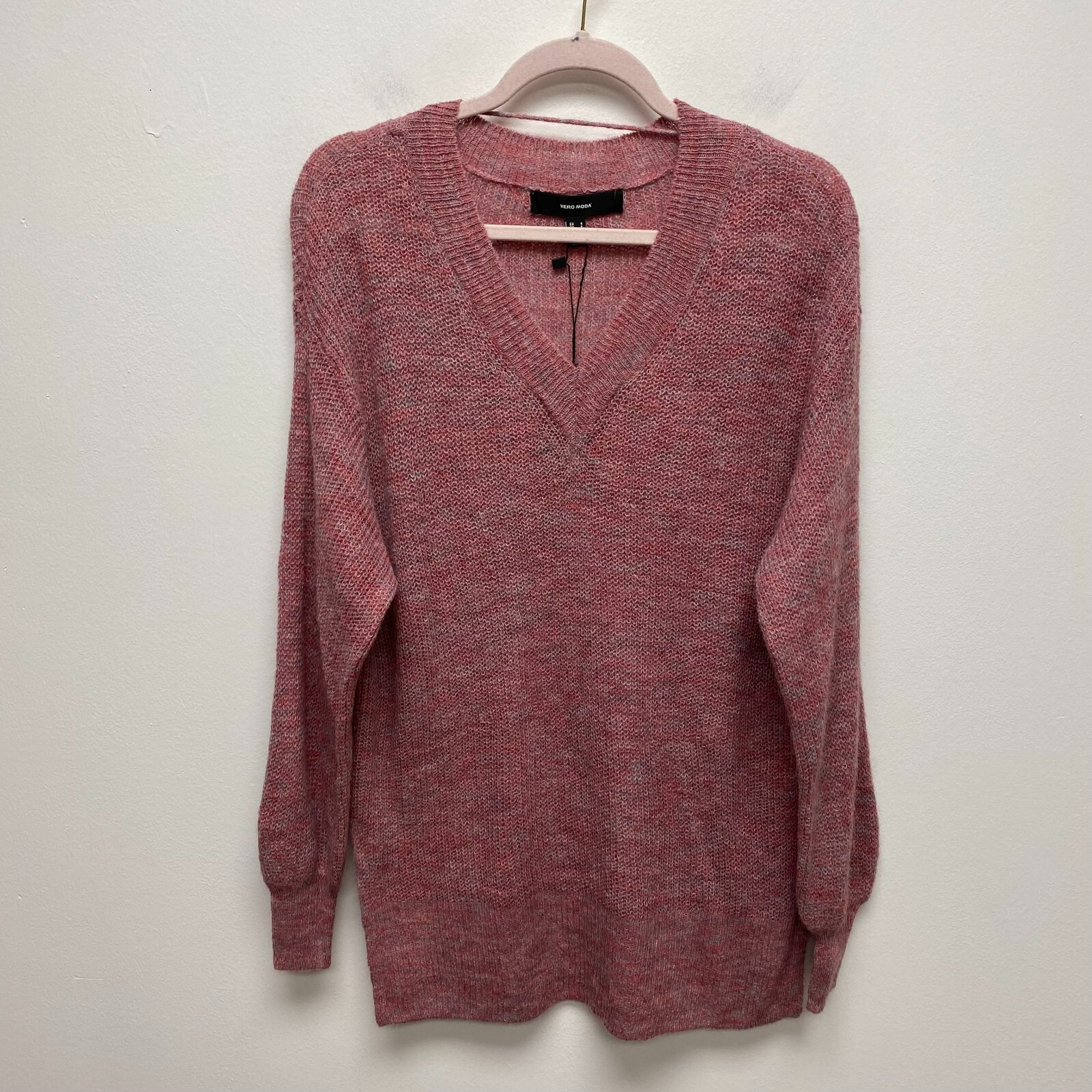Vero Moda Women Melange Pink Vilma V-Neck Knit Long Sleeve Pullover Sweater S