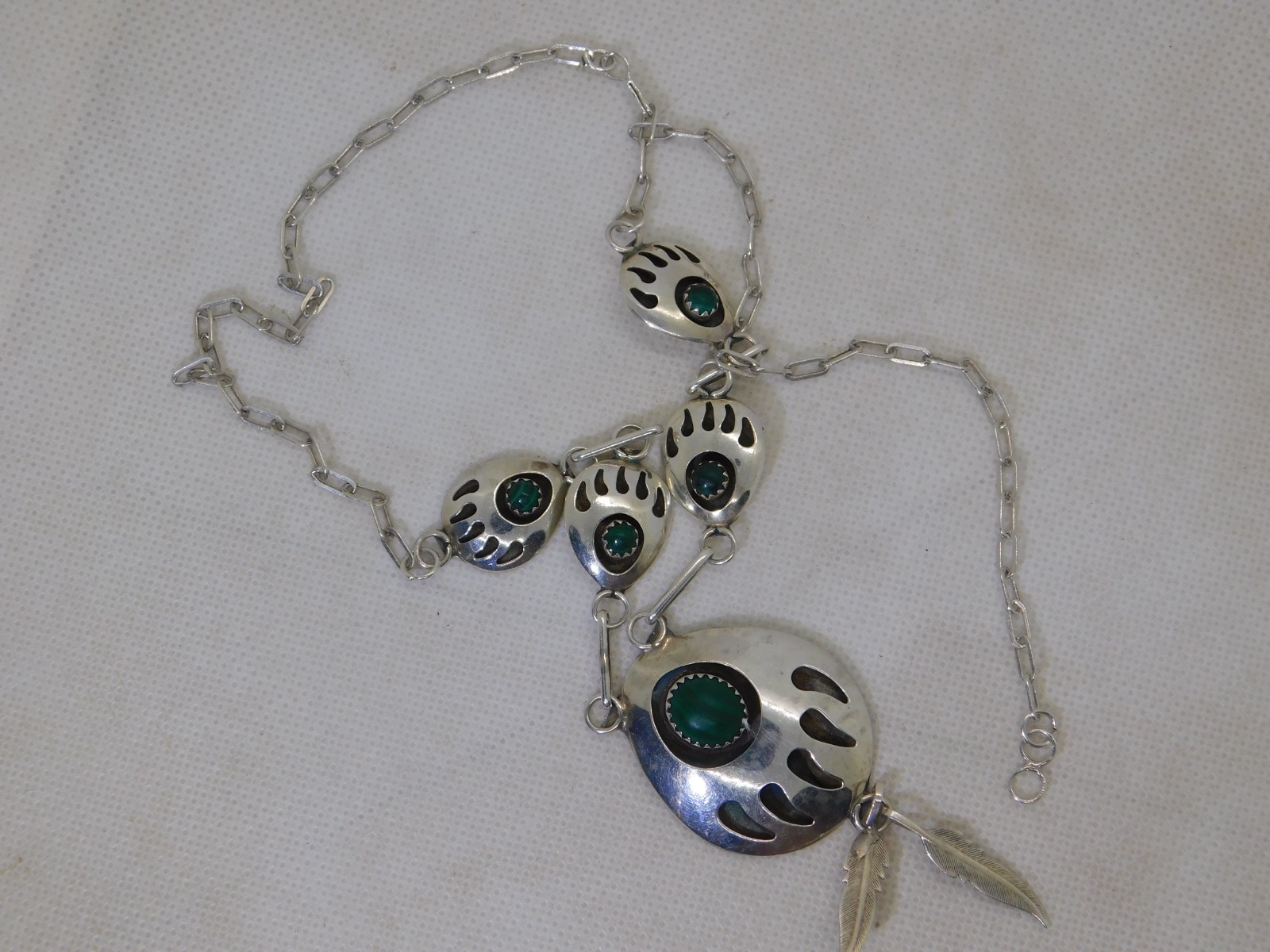 Vintage SJ Sterling Silver Malachite Bear Paw Necklace Feathers Southwestern