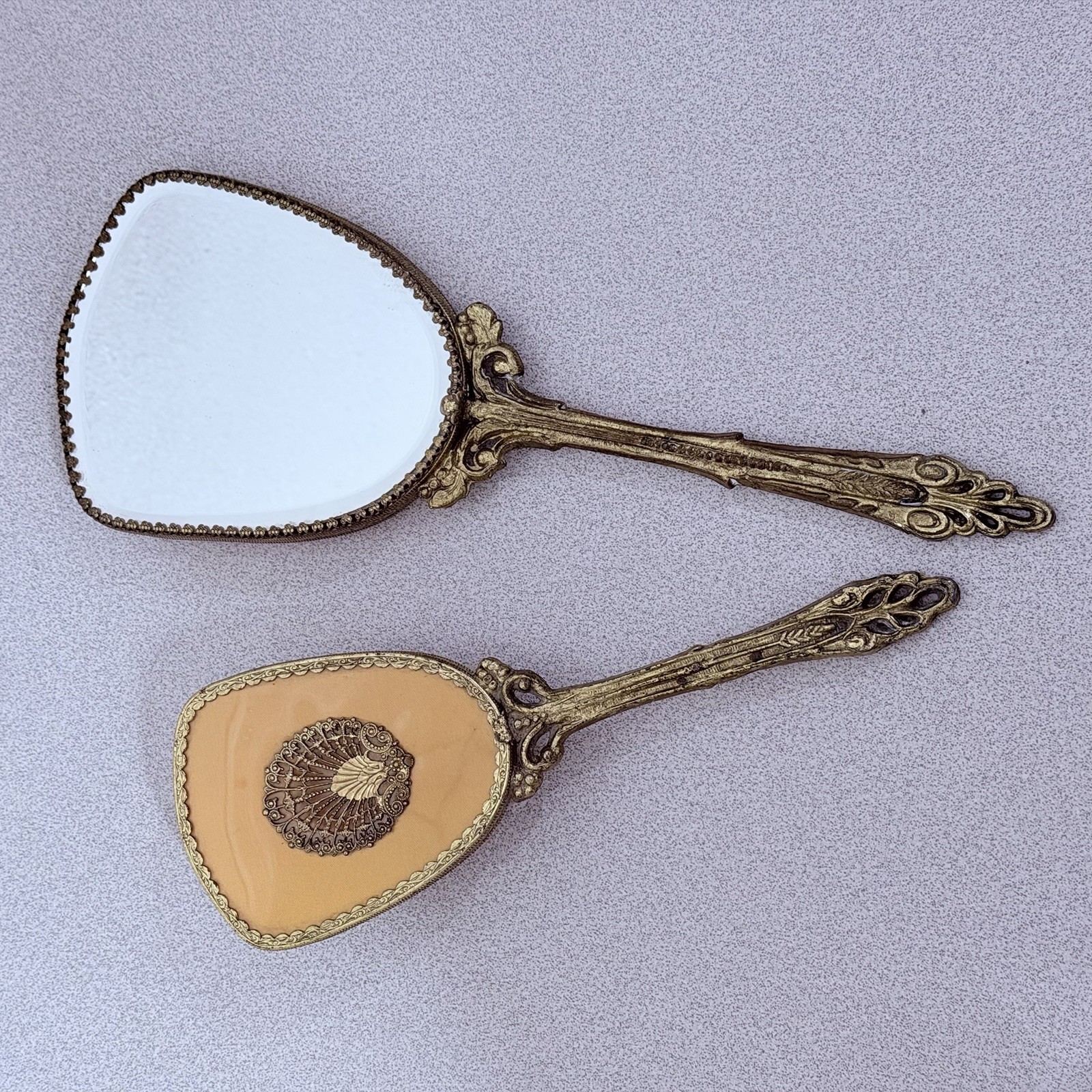Vtg Gold Tone Vanity Set Hand Mirror Hair Brush Filigree Hollywood Regency Peach