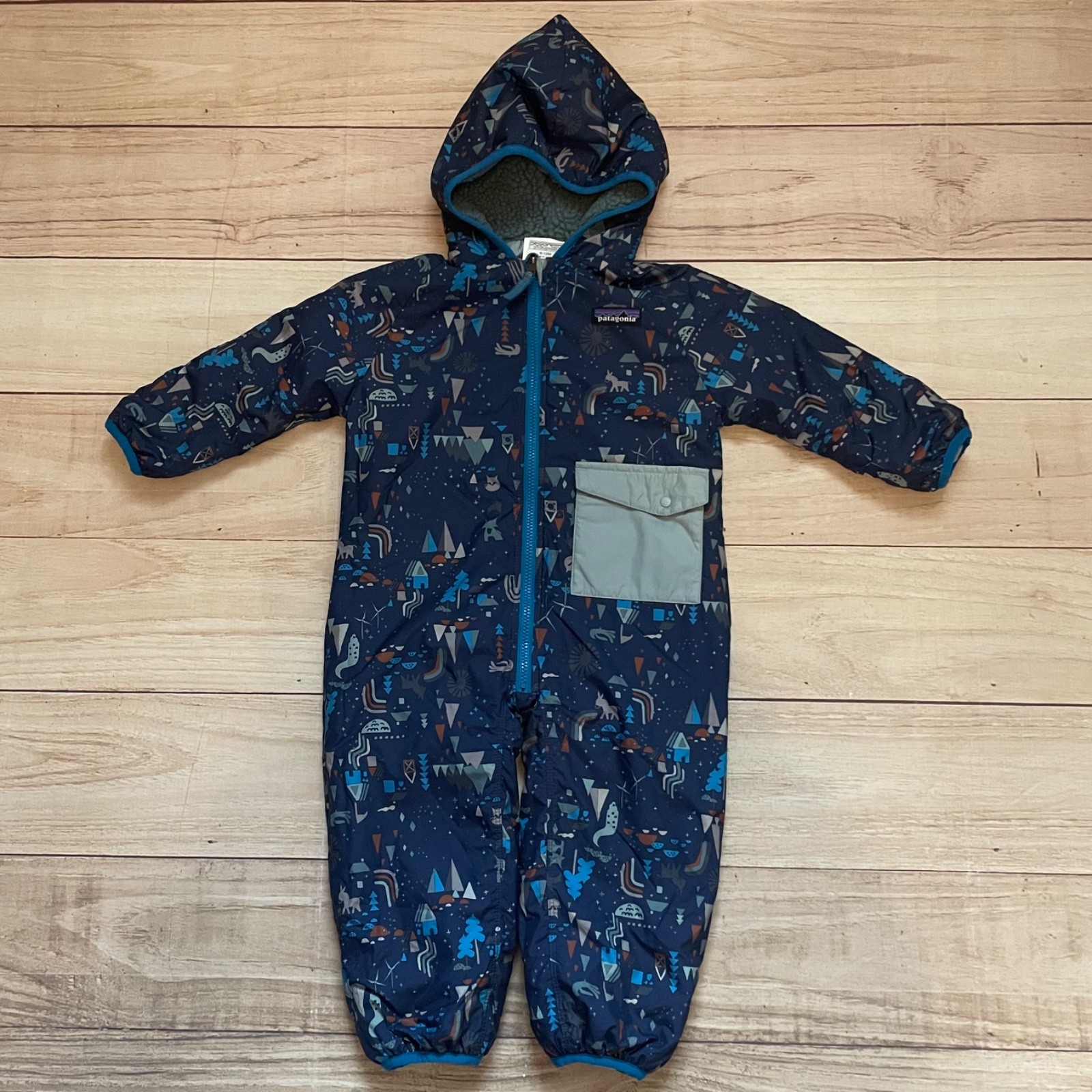 Patagonia Baby Reversible Puff-Ball Bunting Snowsuit 6-12M Blue Nature Animals