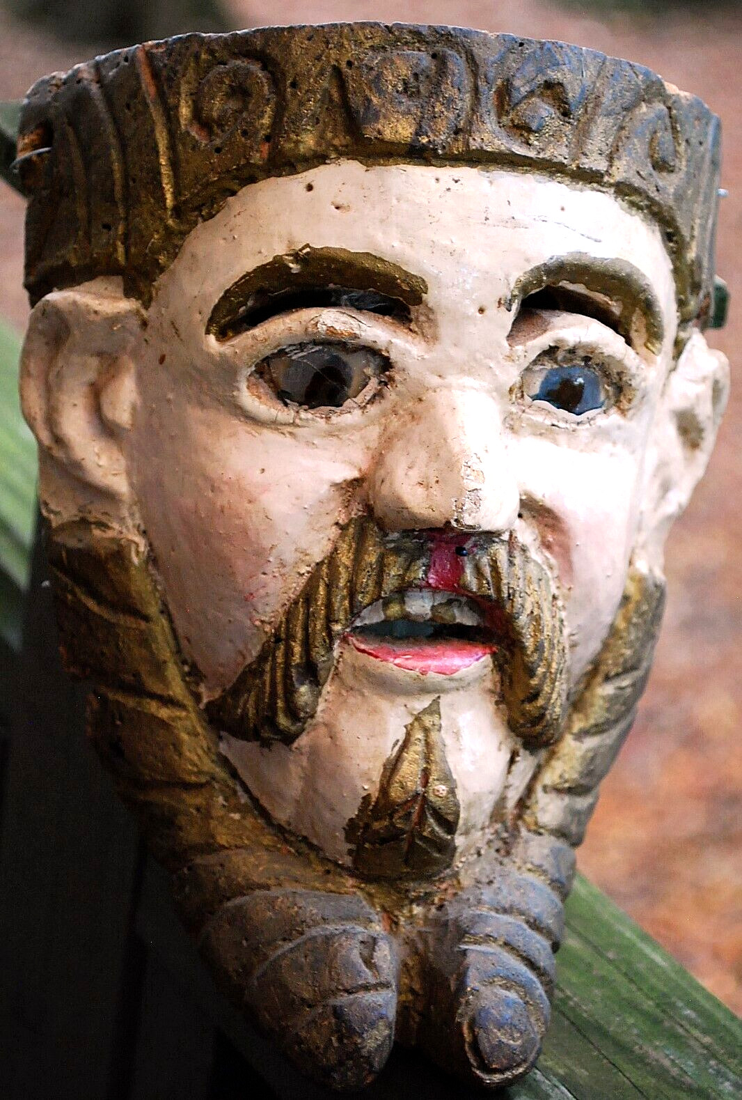 EARLY Antique Guatemala Hand Carved Wood Spanish Conquistador Mask GLASS EYES