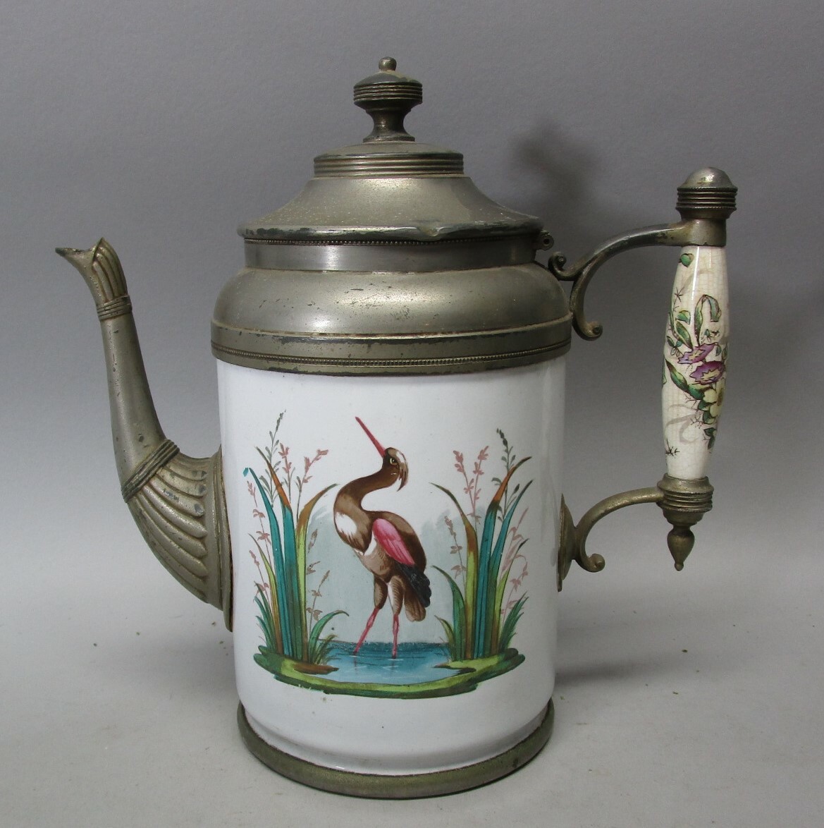 Fine 19th C. Large FRENCH ENAMELED Pewter Pitcher w/ Herons, c. 1880s   antique*
