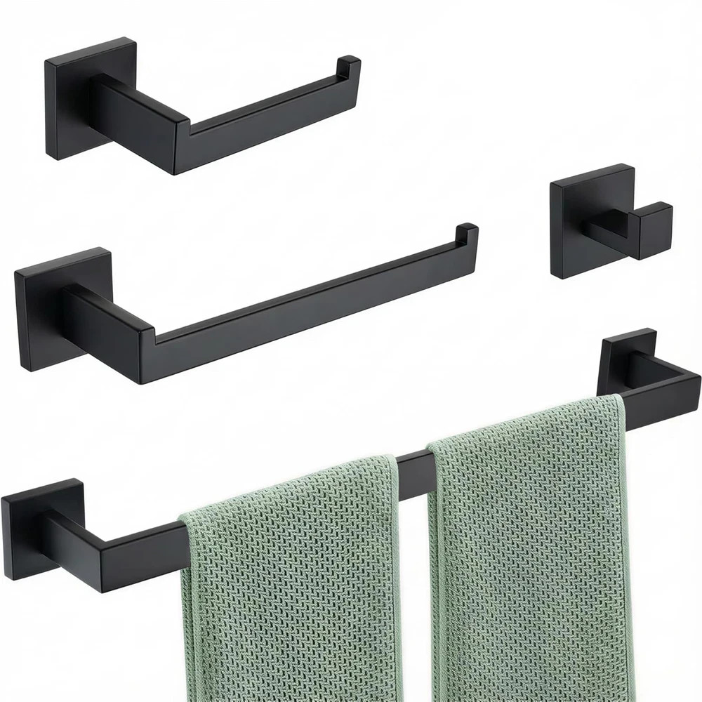Matte Black 4-Piece  Complete Bathroom Accessory Set Towel Bar & Hardware Kit